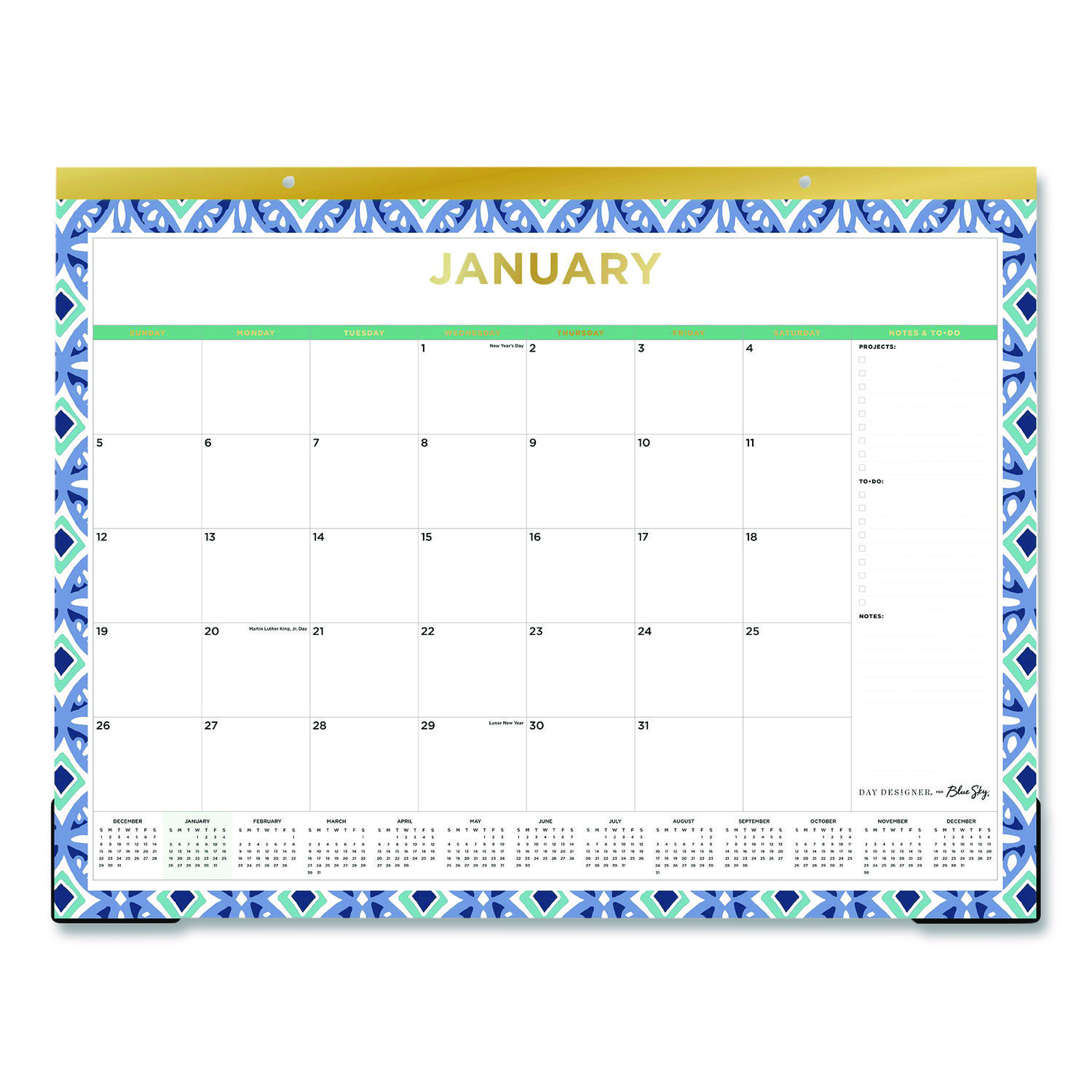 Tile Monthly Desk Pad Calendar, Geometric Artwork, 22 x 17, White/Blue/Green Sheets, 12-Month (Jan to Dec): 2026