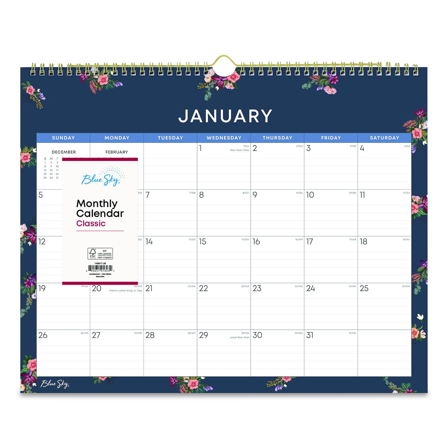 Ashlyn Monthly Wall Calendar, Floral Artwork, 15 x 12, White/Blue/Pink Sheets, 12-Month (Jan to Dec): 2026