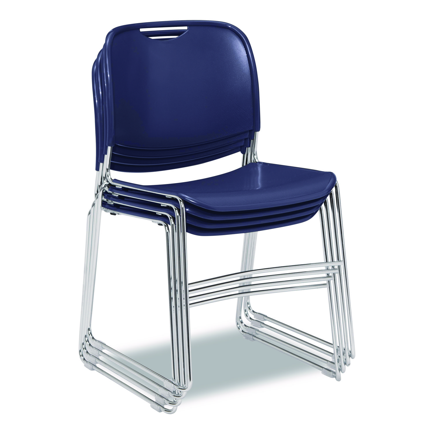 8500 Series Ultra-Compact Plastic Stack Chair, Supports Up to 500 lbs, 17" Seat Height, Blue Seat/Back, Chrome Base, 4/Carton