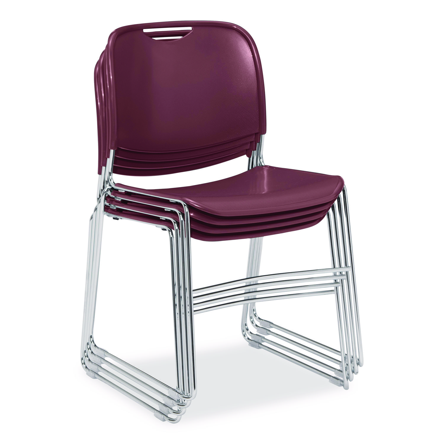 8500 Series Ultra-Compact Plastic Stack Chair, Supports 500 lbs, 17" Seat Height, Burgundy Seat/Back, Chrome Base, 4/Carton