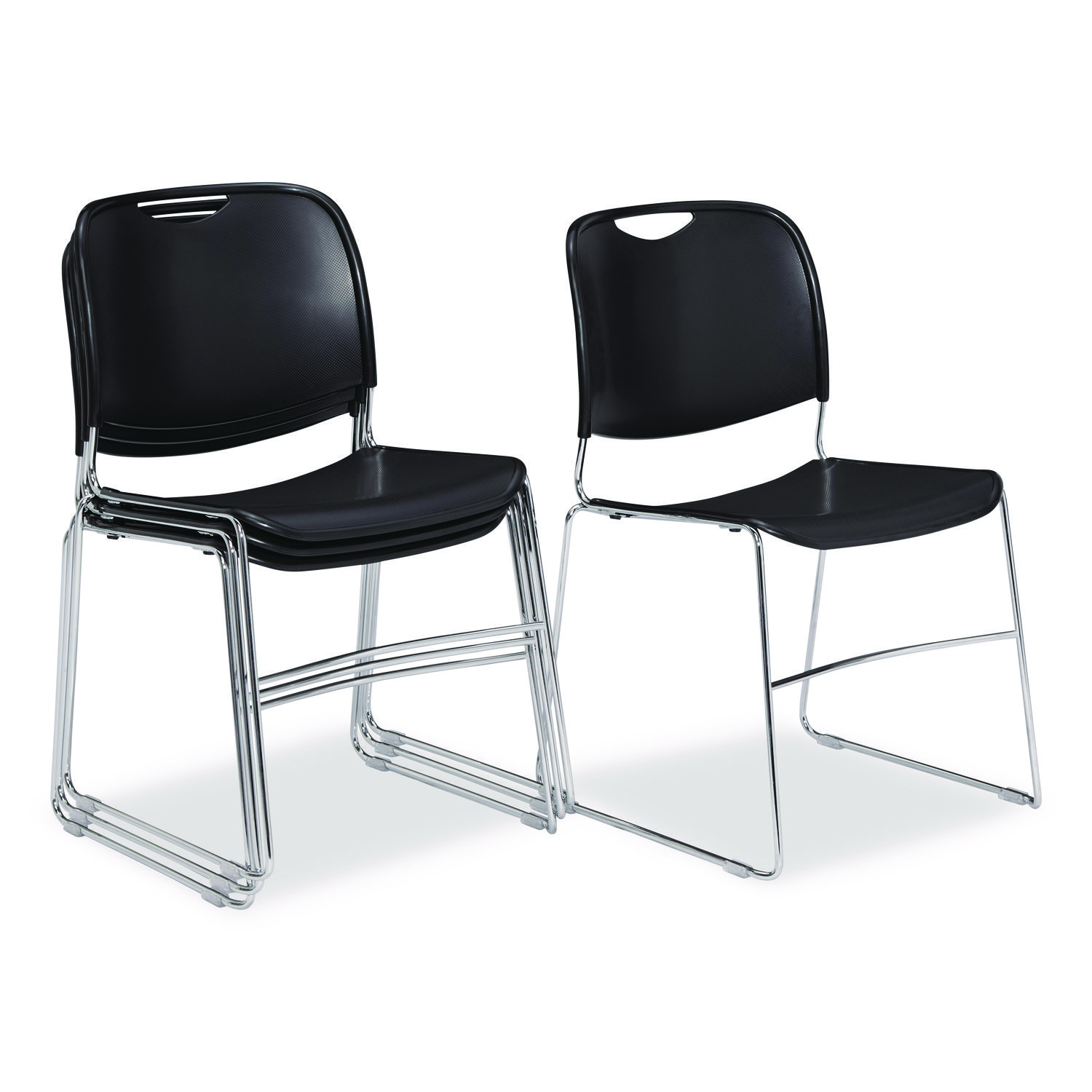 8500 Series Ultra-Compact Plastic Stack Chair, Supports Up to 500 lbs, 17" Seat Height, Black Seat/Back, Chrome Base, 4/CT