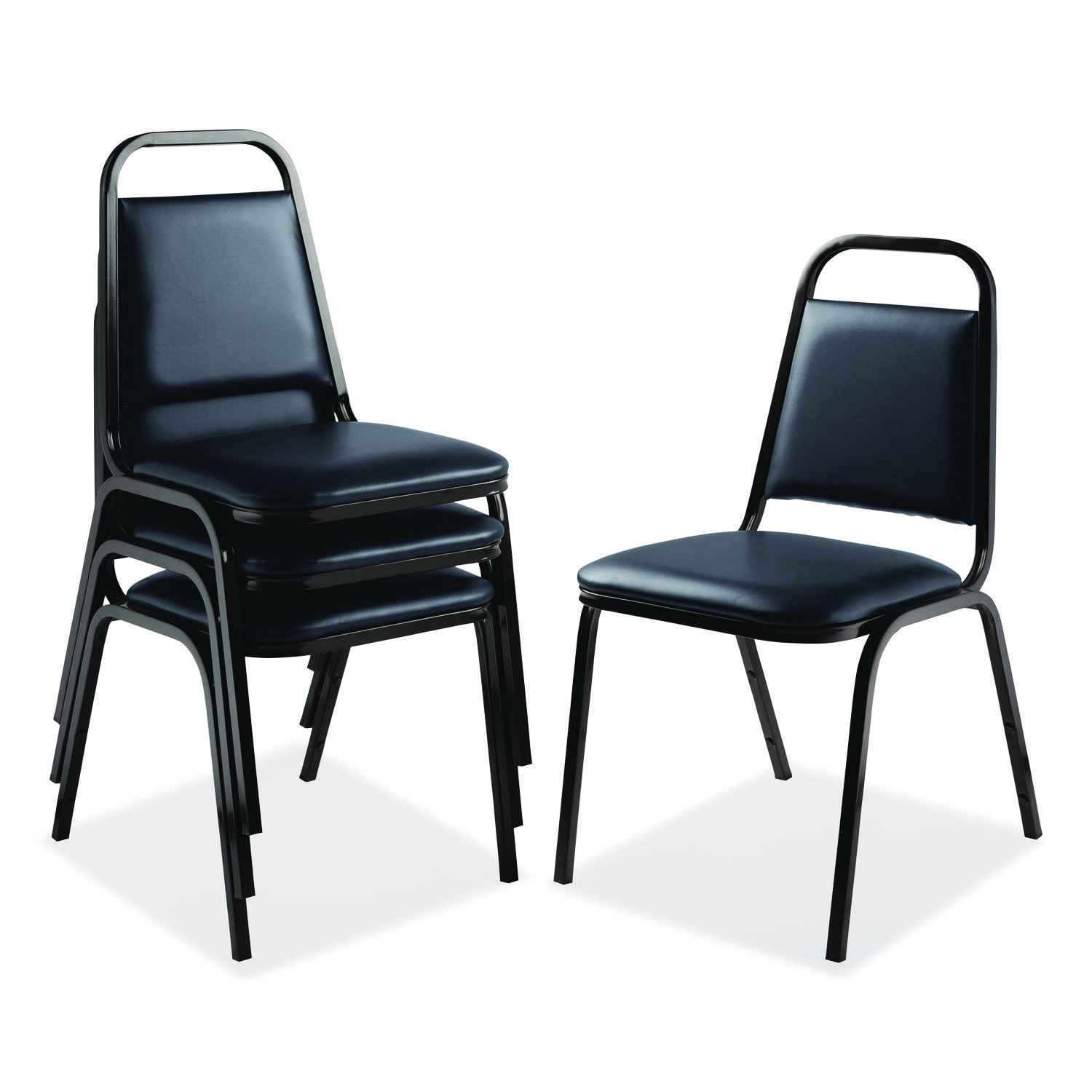 9100 Series Vinyl Upholstered Stack Chair, Supports 300 lbs, 18" Seat Height, Midnight Blue Seat/Back, Black Base, 4/Carton