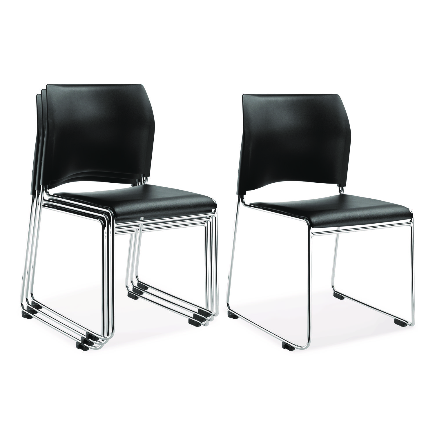8700 Series Cafetorium Plush Vinyl Stack Chair, Supports Up to 500 lb, 18" Seat Height, Black Seat/Back, Chrome Base, 4/CT