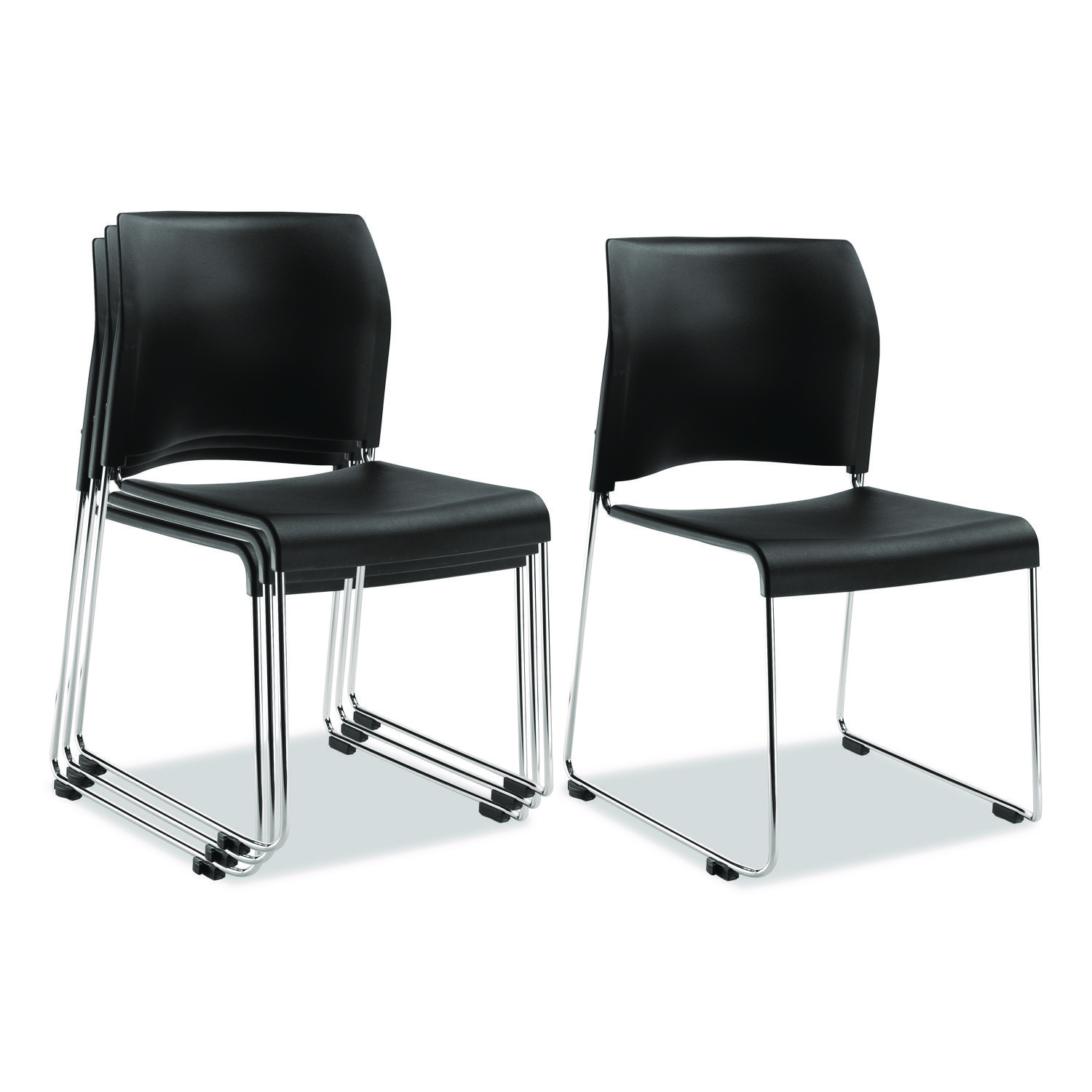 8800 Series Cafetorium Plastic Stack Chair, Supports Up to 500 lb, 18" Seat Height, Black Seat/Back, Chrome Base, 4/Carton