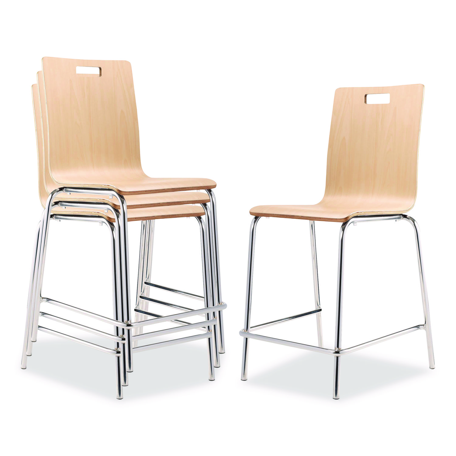 Bushwick Series Bentwood Stool, Counter Height, Supports Up to 500 lb, 24" Seat Height, Natural Seat/Back, Chrome Base, 4/CT