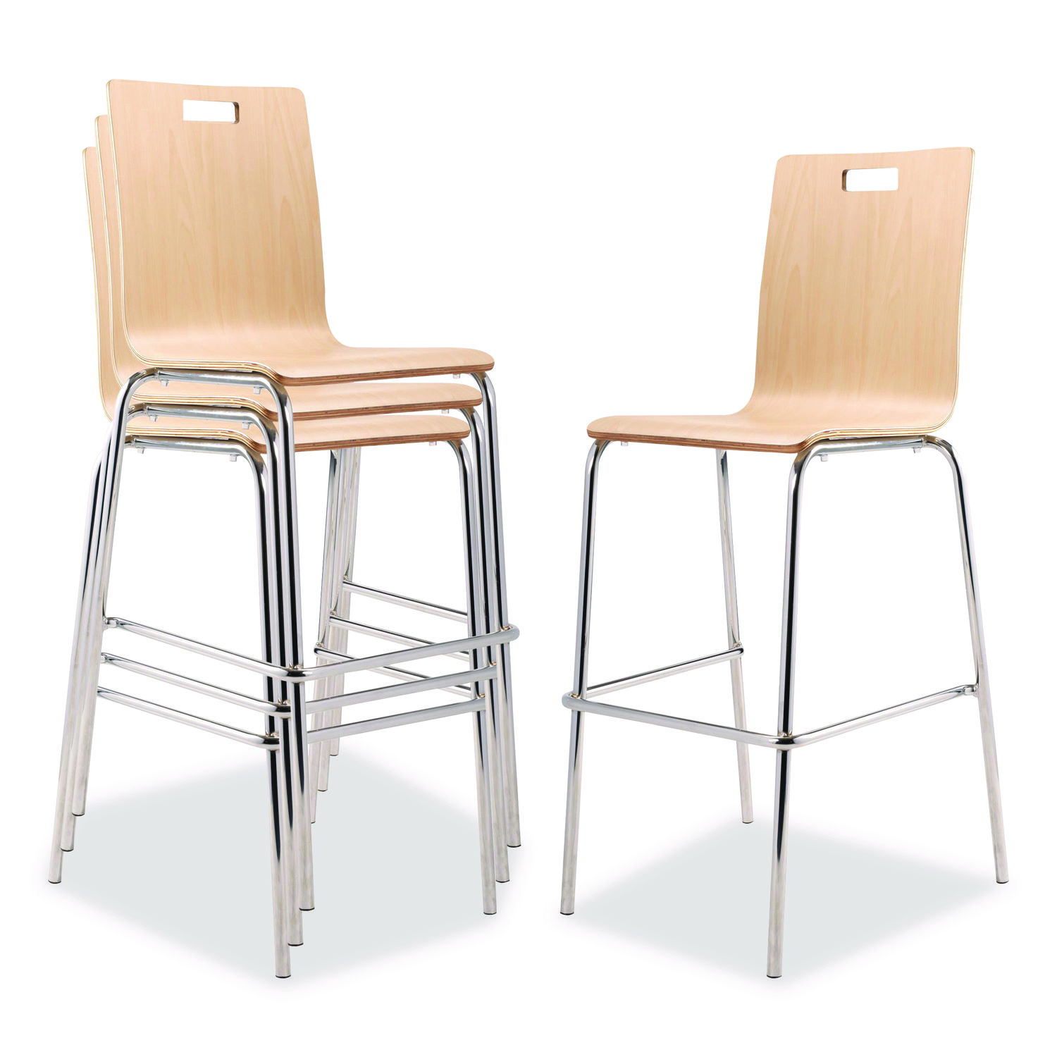 Bushwick Series Bentwood Stool, Supports Up to 500 lb, 30" Seat Height, Natural Seat, Natural Back, Chrome Base, 4/Carton