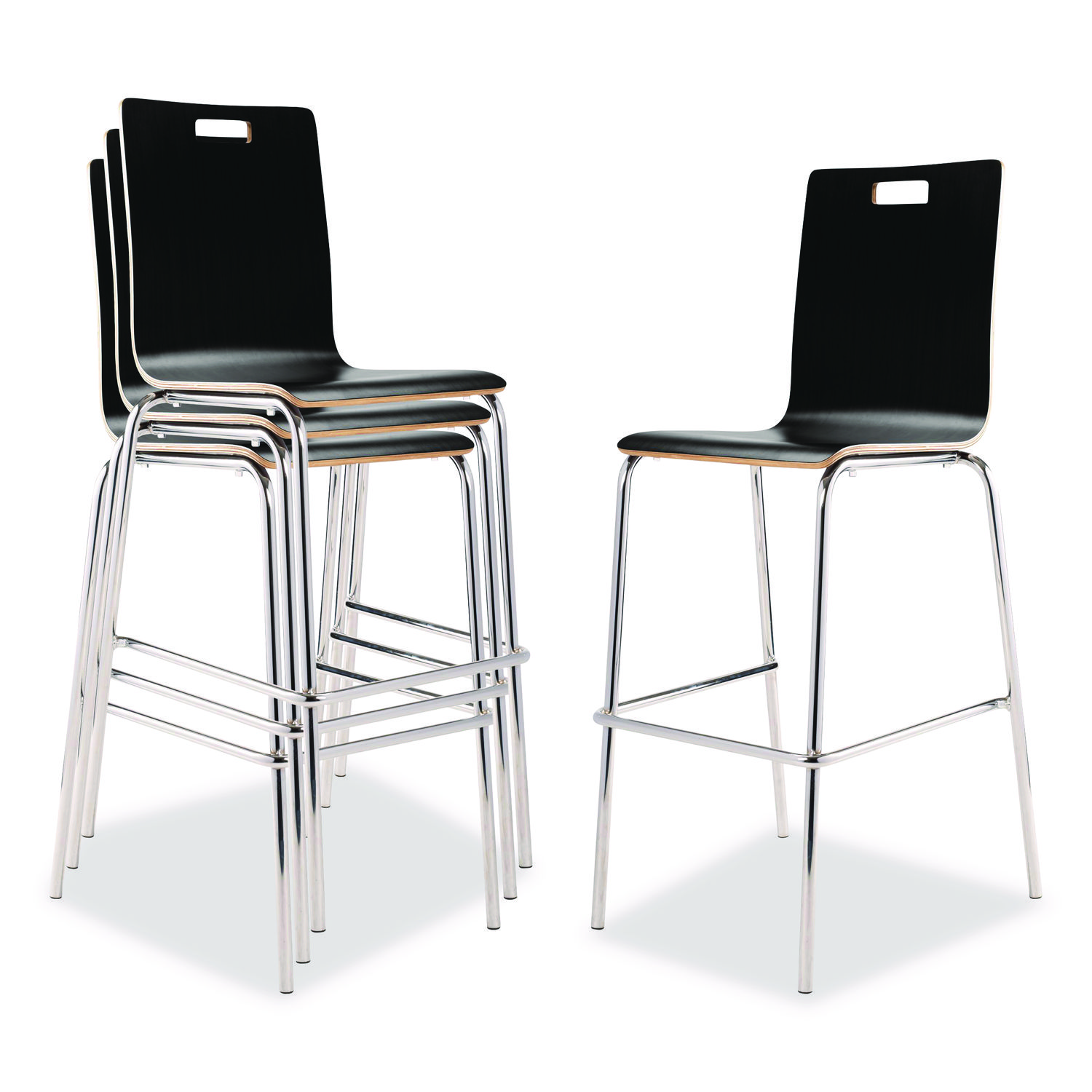 Bushwick Series Bentwood Stool, Supports Up to 500 lb, 30" Seat Height, Black Seat, Black Back, Chrome Base, 4/Carton