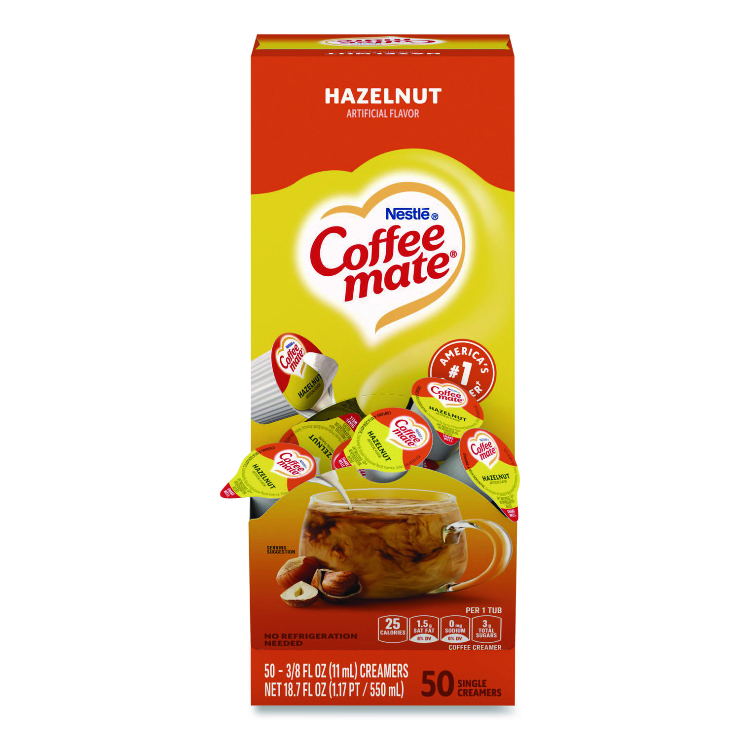 Liquid Coffee Creamer, Hazelnut, 0.38 oz Mini Cups, 50/Box