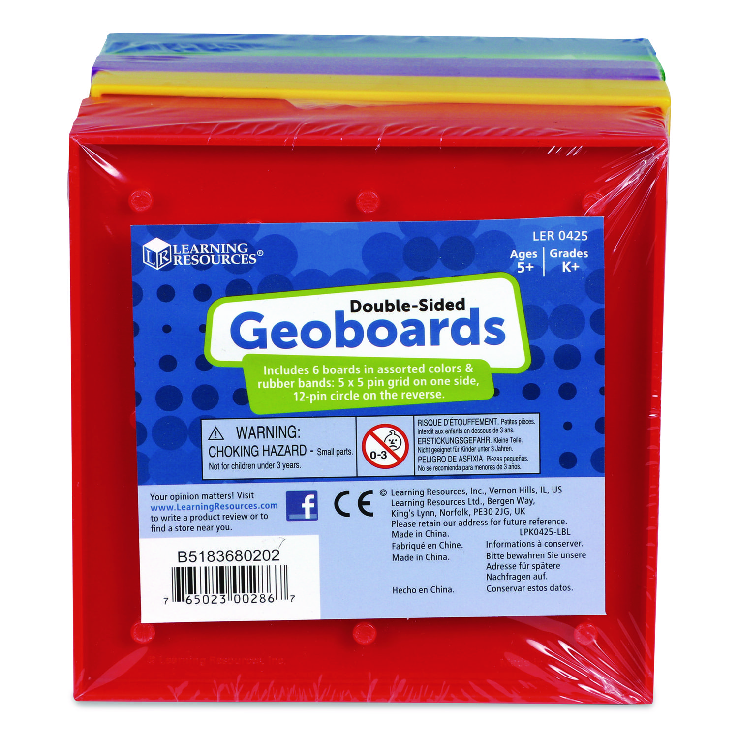 Double-Sided Assorted Geoboards, Grades K to 3, 5" x 5", Assorted Colors, 6 Pieces