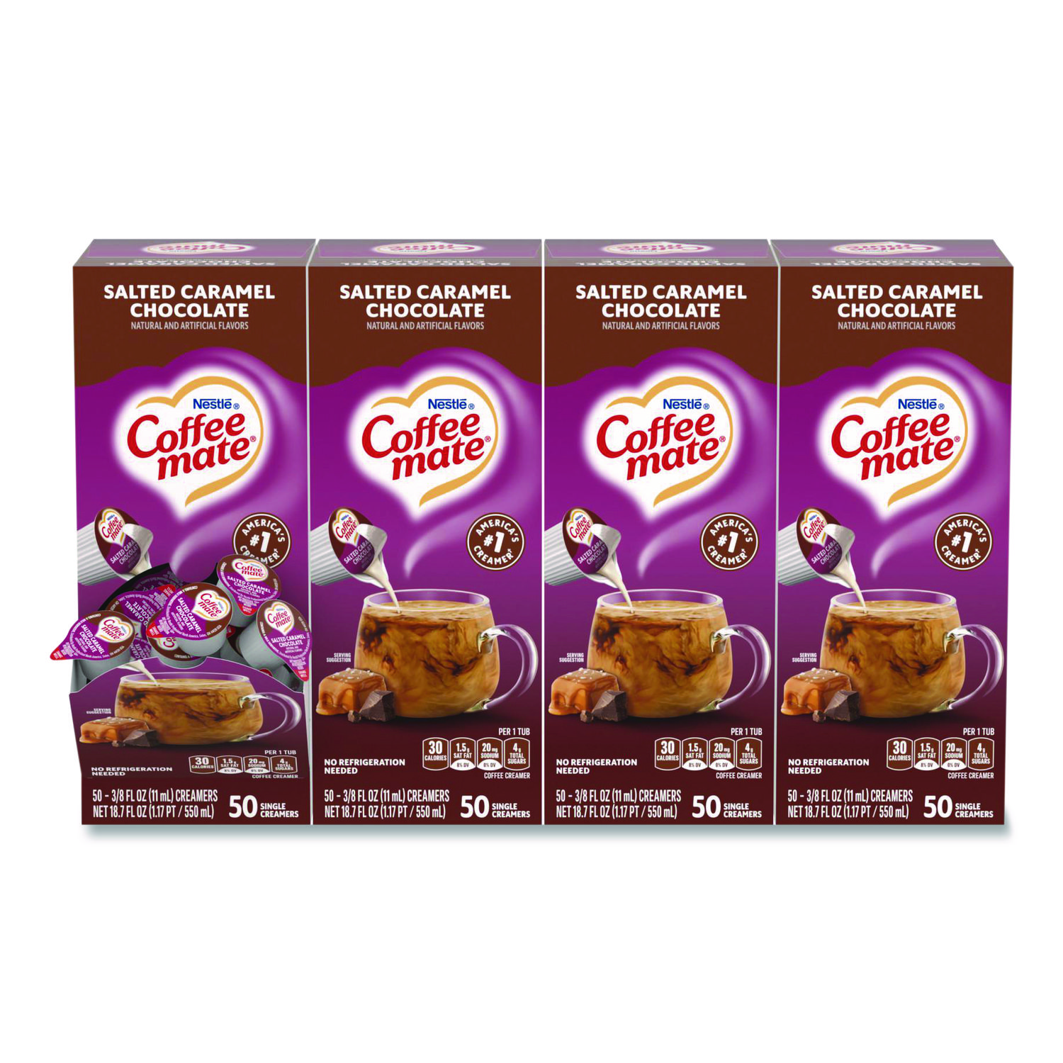 Liquid Coffee Creamer, Salted Caramel Chocolate, 0.38 oz Mini Cups, 50/Box, 4 Boxes/Carton