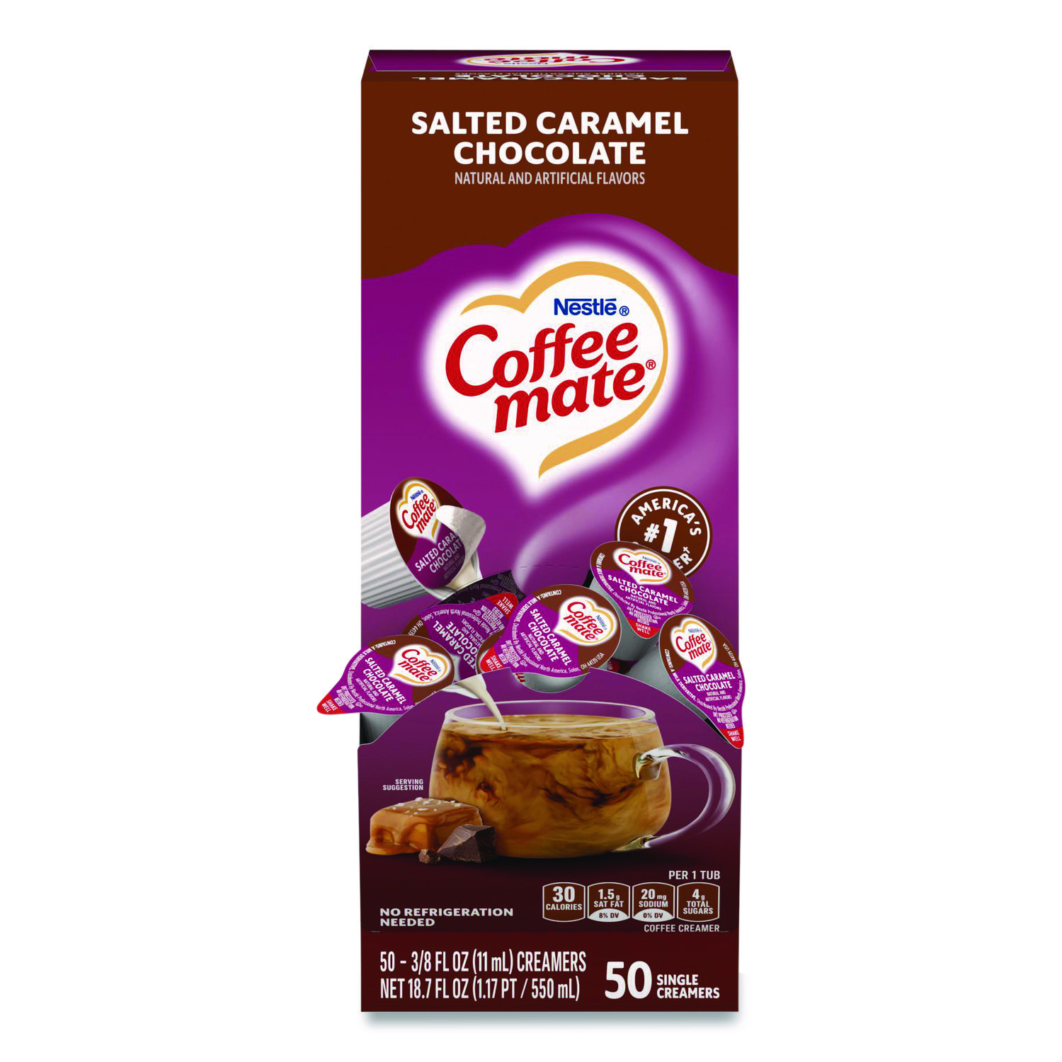 Liquid Coffee Creamer, Salted Caramel Chocolate, 0.38 oz Mini Cups, 50/Box