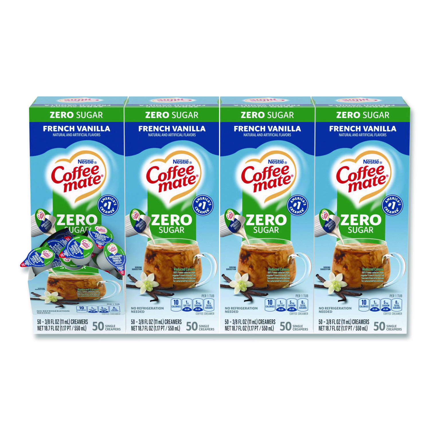Liquid Coffee Creamer, Zero Sugar French Vanilla, 0.38 oz Mini Cups, 50/Box, 4 Boxes/Carton