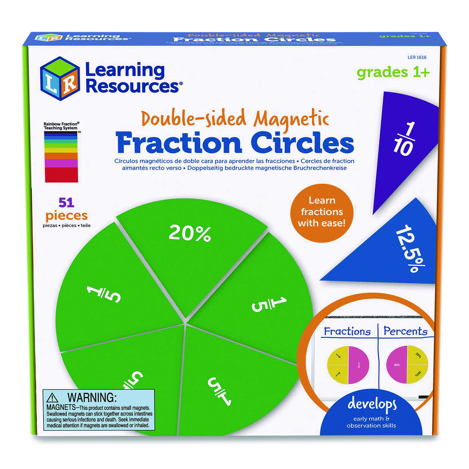 Double-Sided Magnetic Rainbow Fraction and Percentage Circles, Grades 1 to 6, English, Randomly Assorted Colors, 9 Pieces