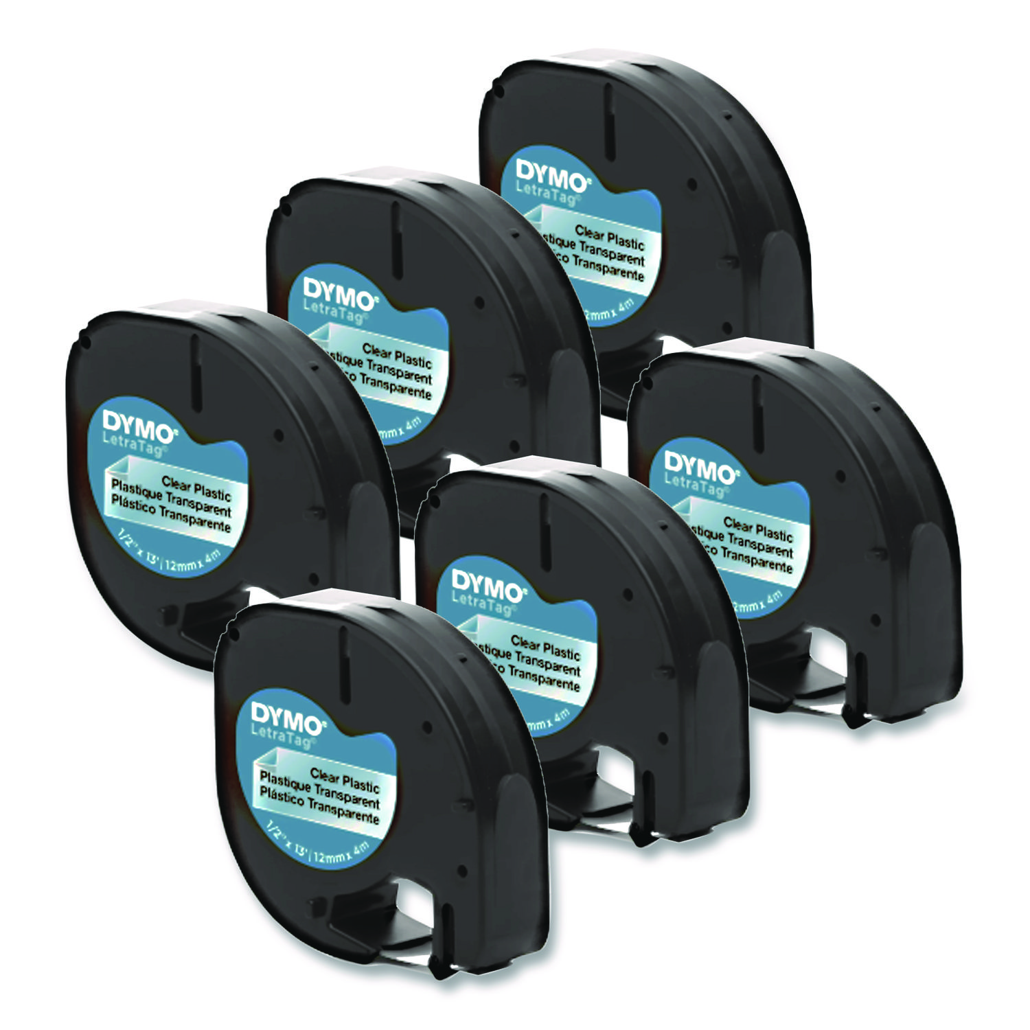 LetraTag Plastic Label Tape Cassette, 0.5" x 13 ft, Black on Clear, 6/Pack