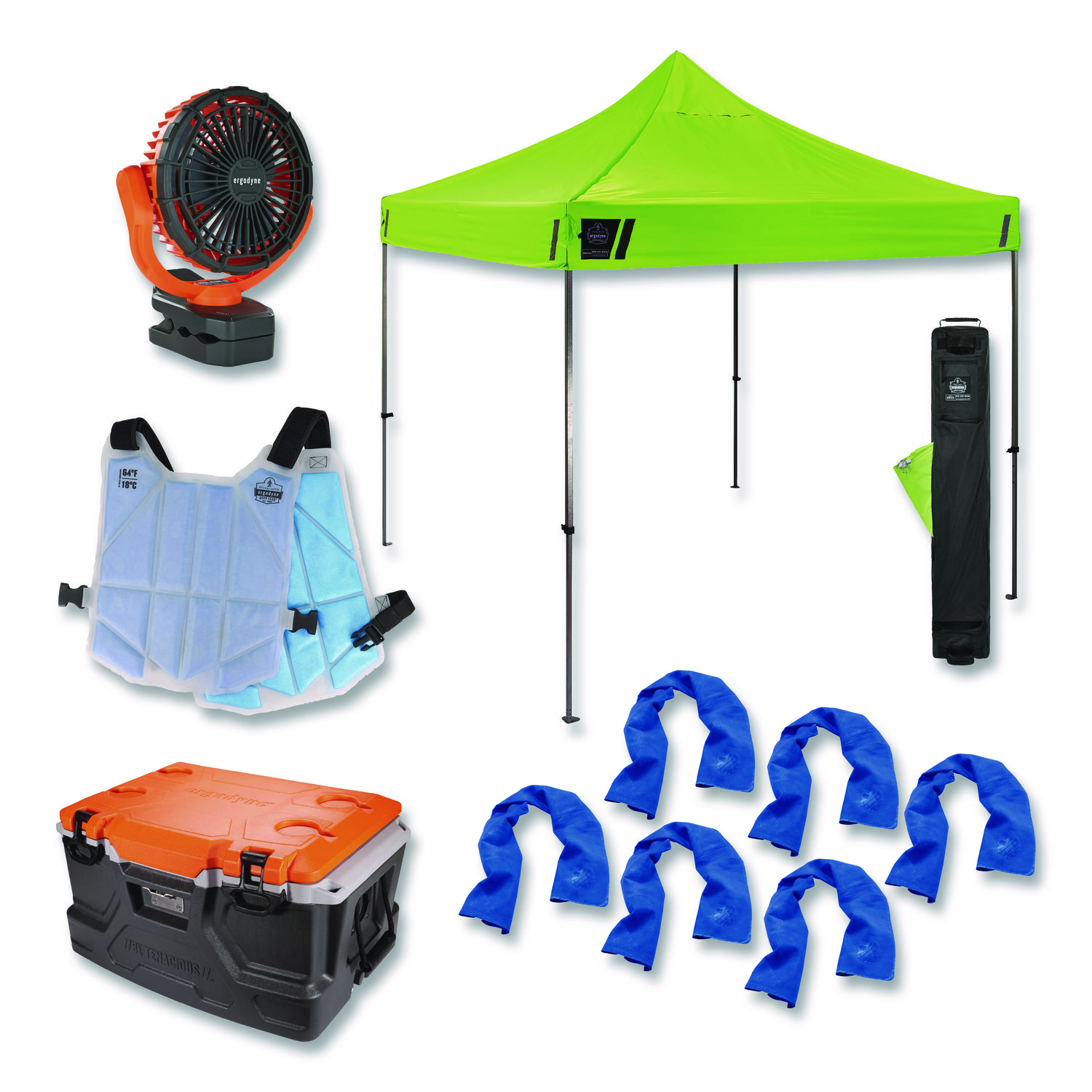 Chill-Its 6672 Heat Stress Prevention and Recovery Station Kit, Pop-Up Tent, 48-qt Cooler, Fan, Vest, 6 Towels