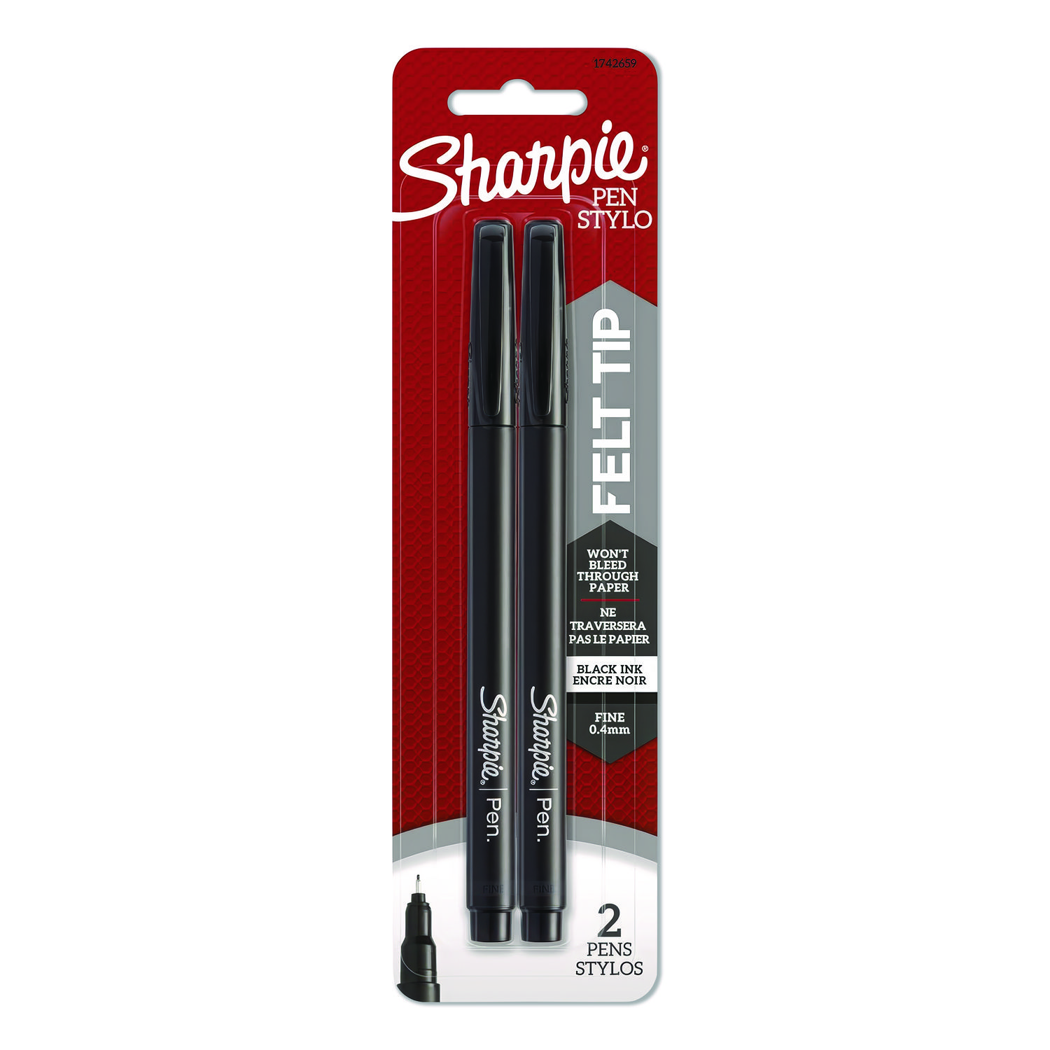 Water-Resistant Ink Porous Point Pen, Stick, Fine 0.4 mm, Black Ink, Black Barrel, 2/Pack