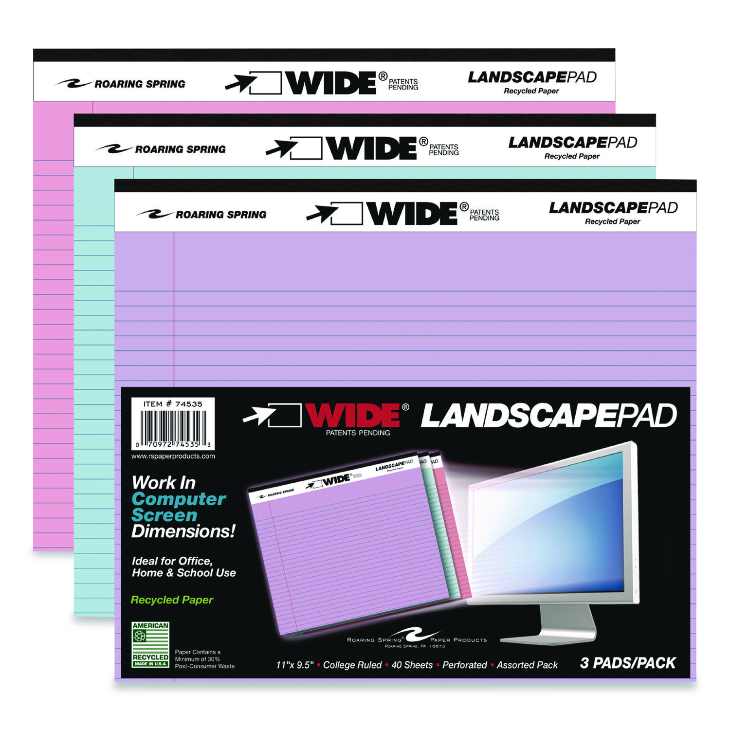 WIDE Landscape Format Writing Pad, Medium/College Rule, (40) Assorted Color 11 x 8.5 Sheets, 3/Pack