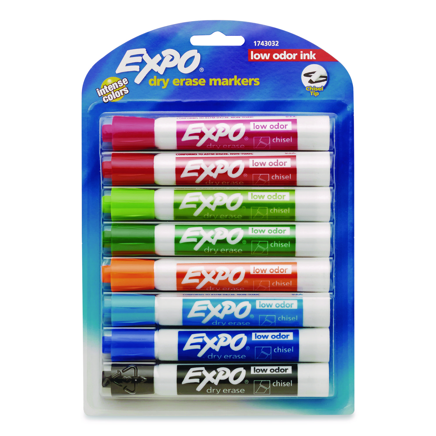 Low-Odor Dry-Erase Markers, Broad Chisel Tip, Assorted Colors, 8/Pack