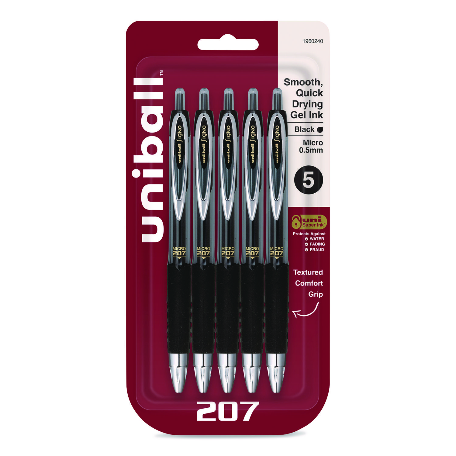 Signo 207 Gel Pen, Retractable, Fine 0.5 mm, Black Ink, Smoke/Black Barrel, 5/Pack