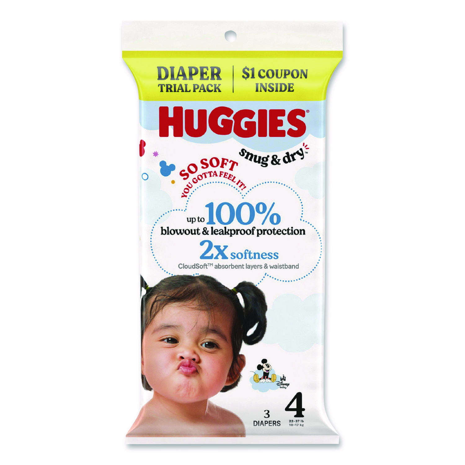 Snug and Dry, Size 4, 22 lbs to 37 lbs, Disney Design, 3 Diapers/Pack, 30 Packs/Carton