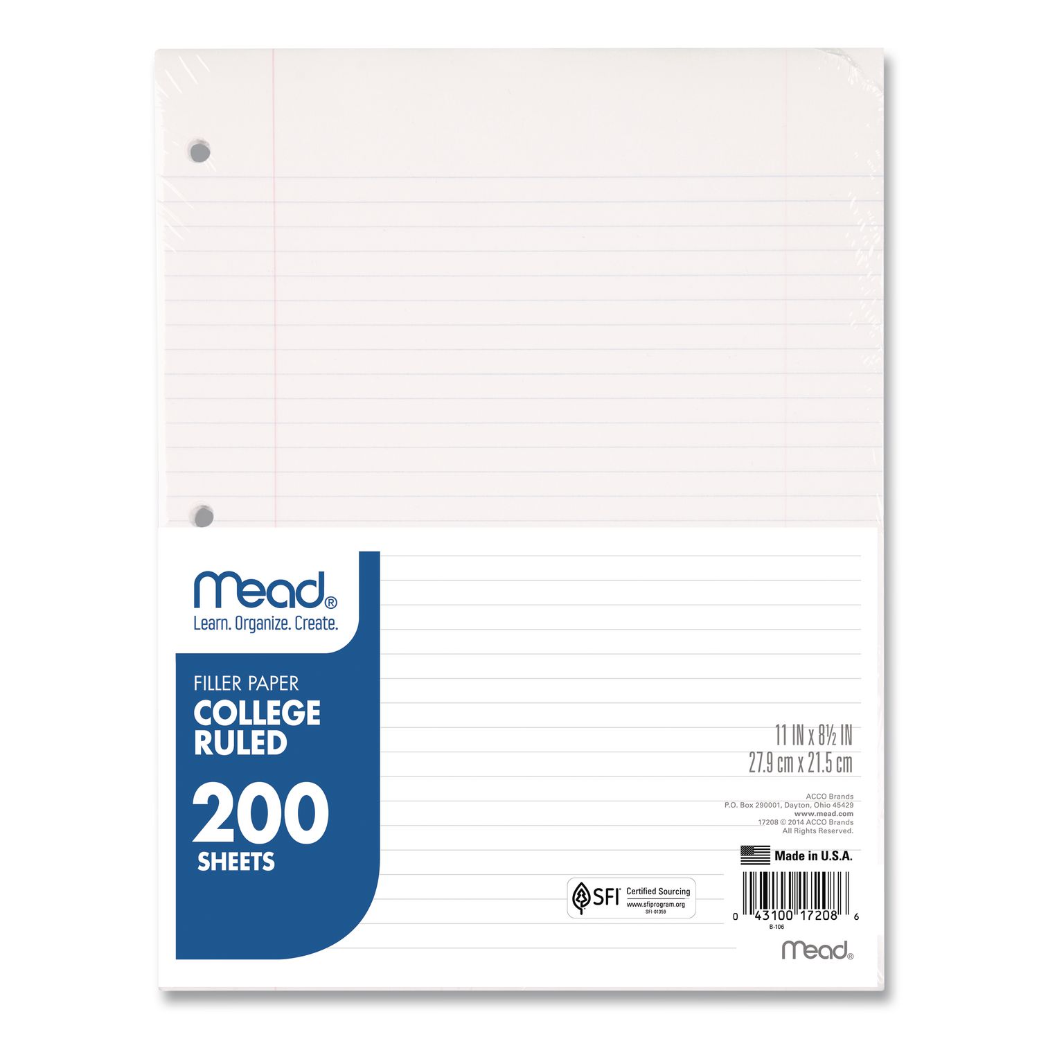 Filler Paper, 3-Hole, 8.5 x 11, College Rule, 200/Pack