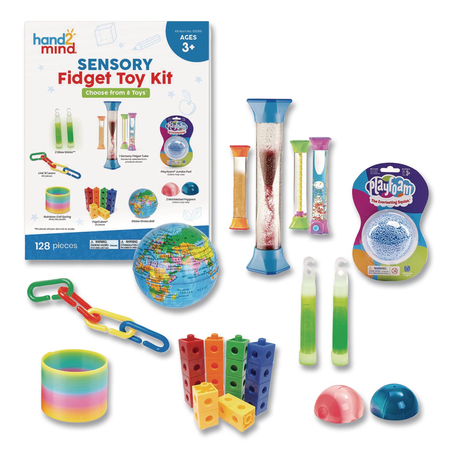 Sensory Fidget Toy Kit, Eight Toy Types, Ages 3 and Up, Assorted Colors, 128 Pieces