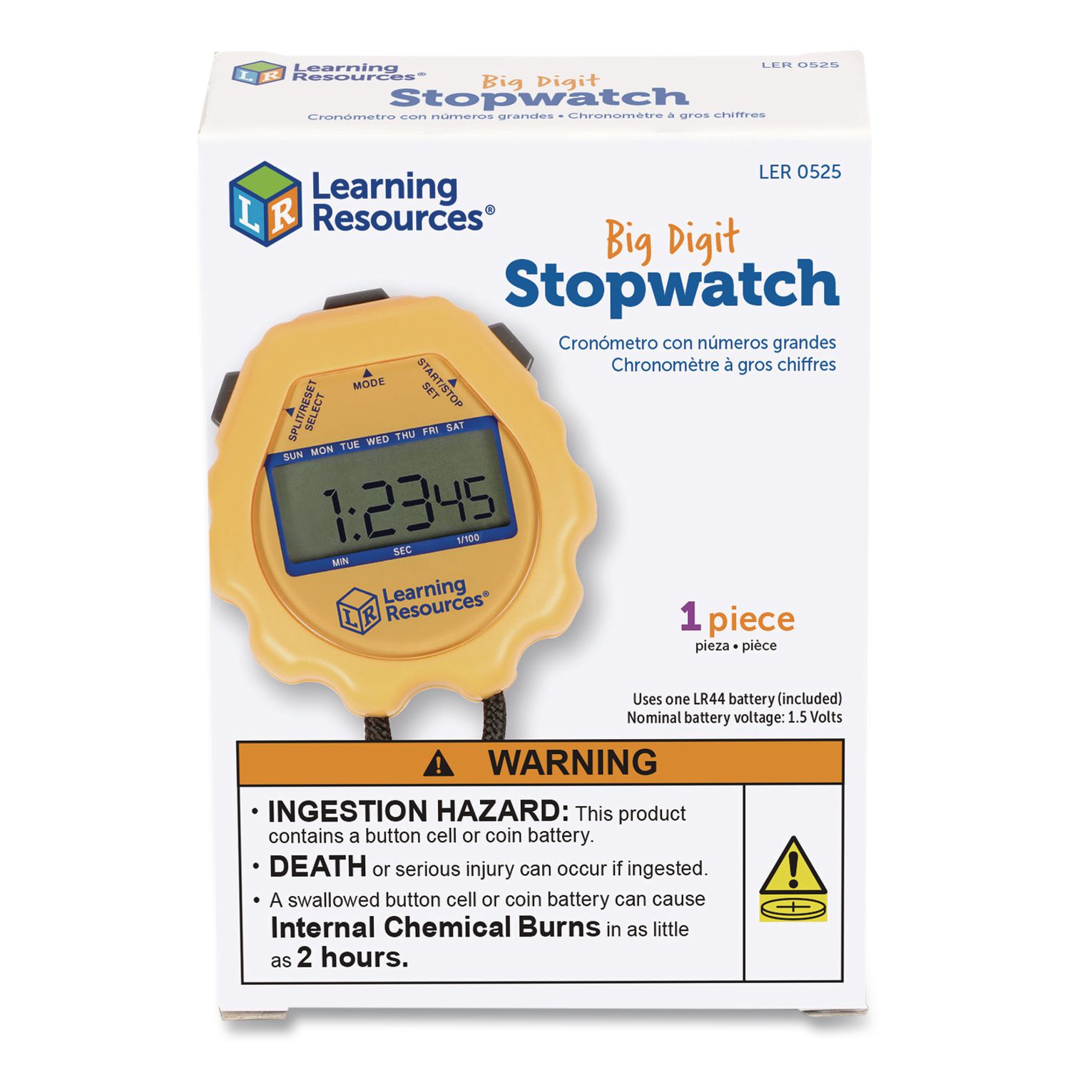 Big Digit Stopwatch, Accurate to 1/100 Second, Yellow, Black Lanyard