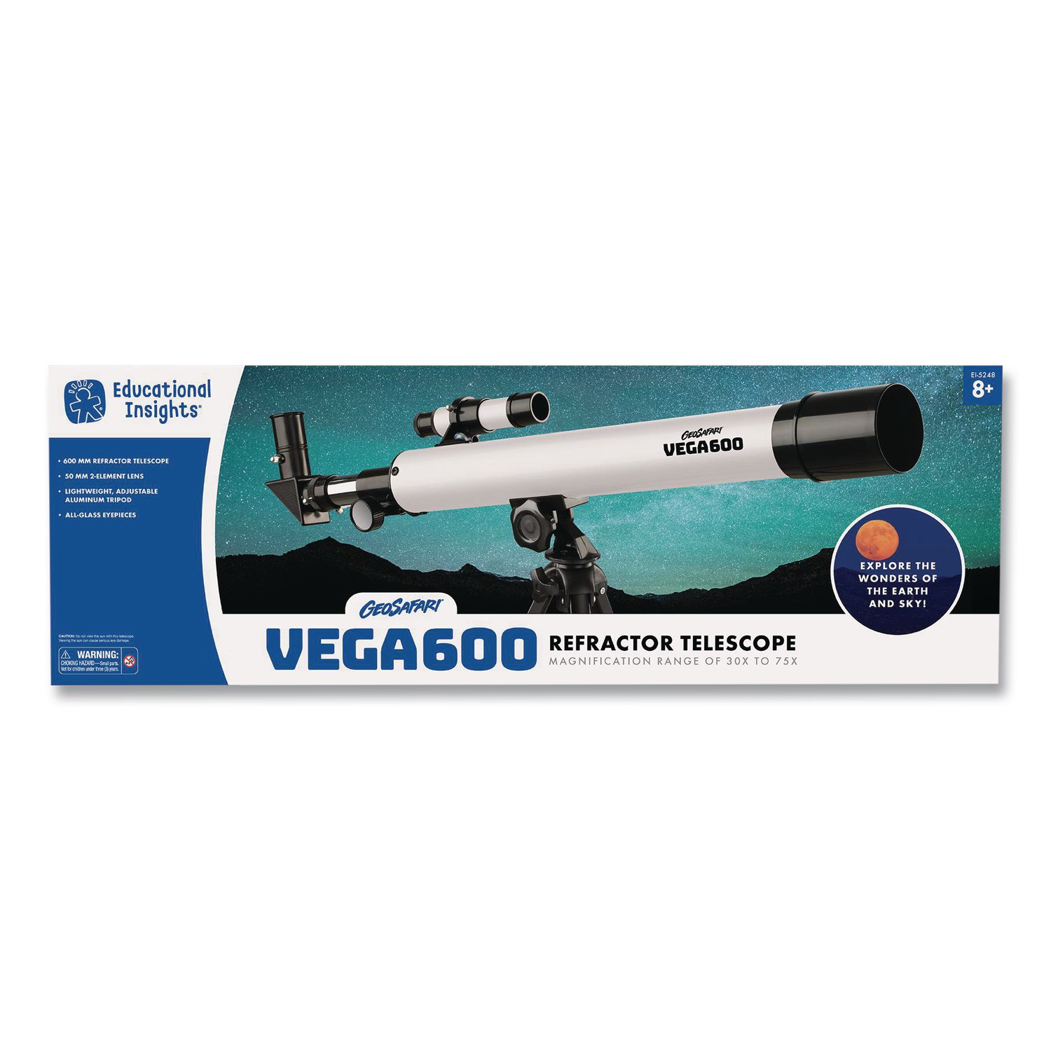 GeoSafari Vega 600 Telescope, 2 Elements, 30x to 150x Magnification, 50 mm Aperture, 600 mm Focal Length, Silver