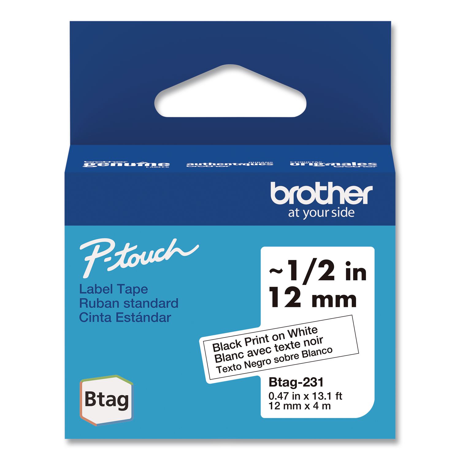 Genuine P-Touch BTAG Label Tapes, 0.47" x 13.1 ft, Black on White
