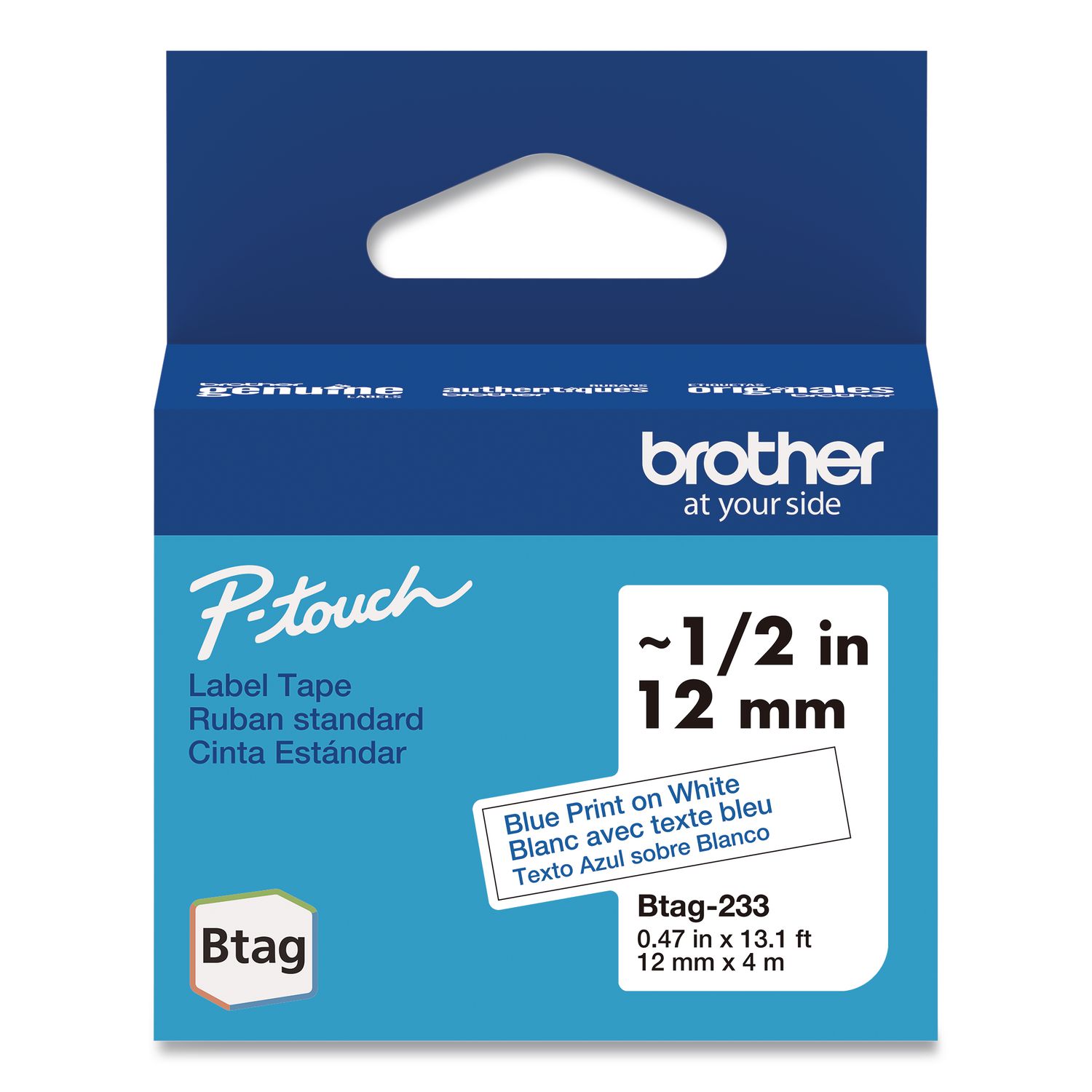 Genuine P-Touch BTAG Label Tapes, 0.47" x 13.1 ft, Blue on White