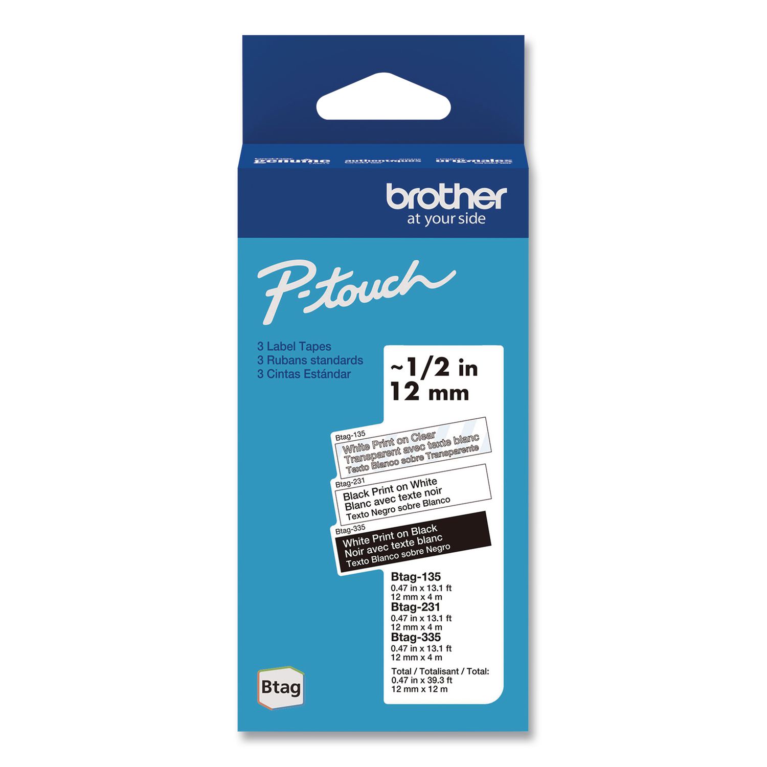 Genuine P-Touch BTAG Label Tapes, 0.47" x 13.1 ft, White on Clear, Black on White, White on Black, 3/Pack