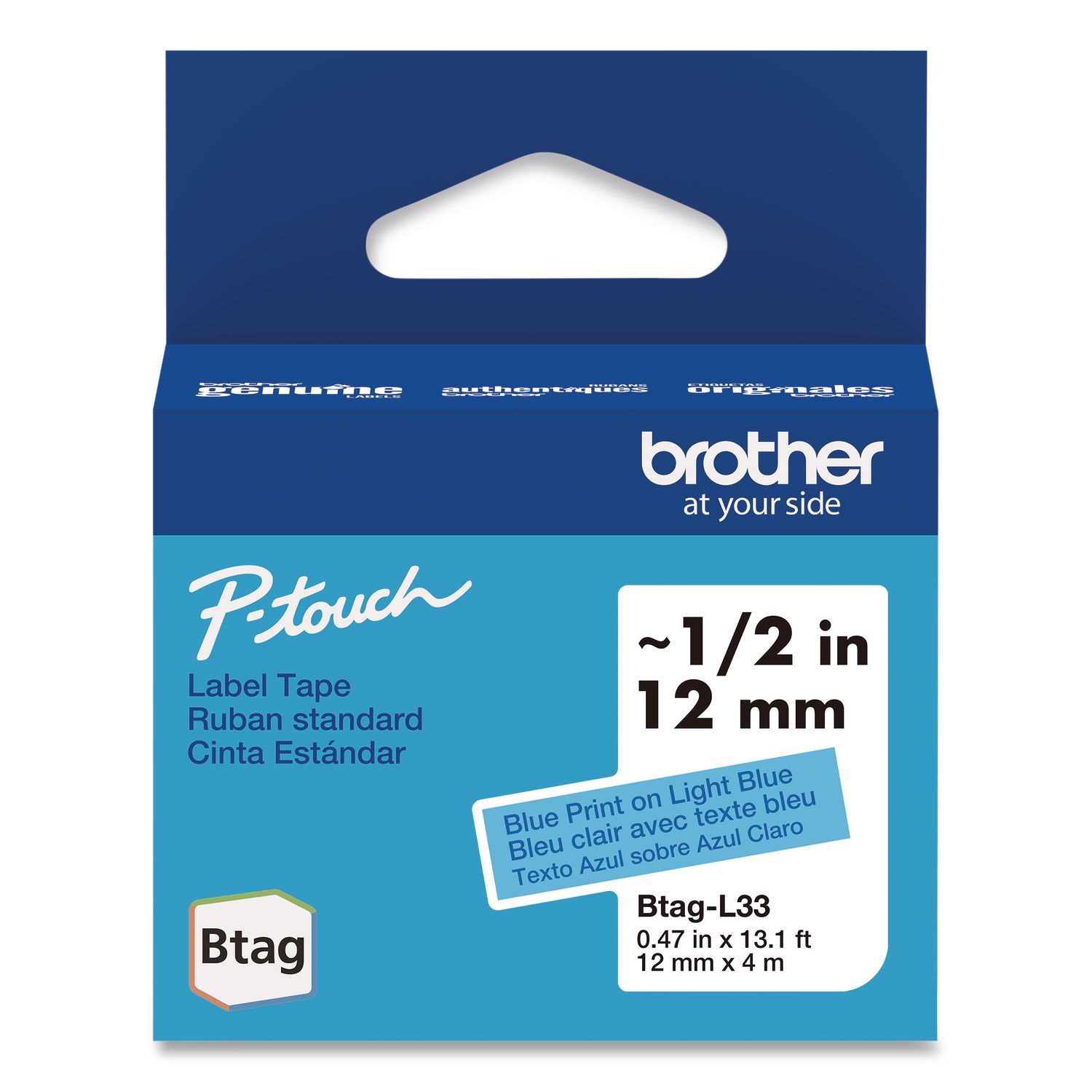 Genuine P-Touch BTAG Label Tapes, 0.47" x 13.1 ft, Blue on Light Blue