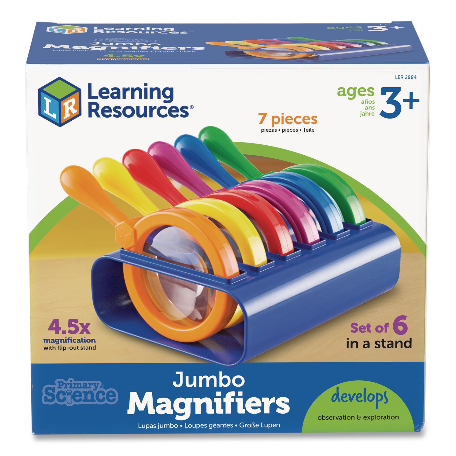 Primary Science Jumbo Magnifiers with Stand, Ages 3 and Up, 4.5x, Plastic Lens, 4.5" dia, 6/Set
