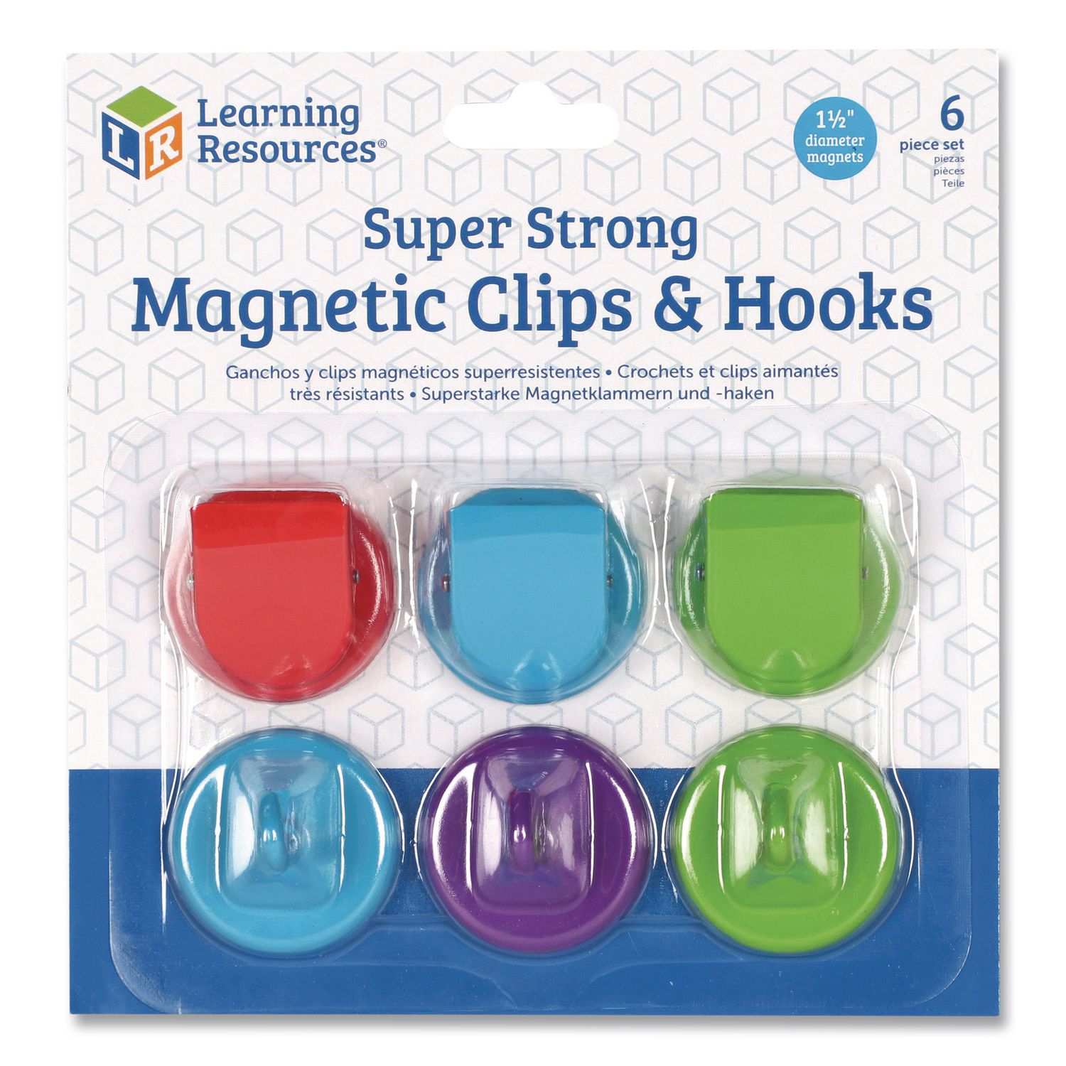 Super Strong Magnetic Clips and Hooks, Small, 1.5" Diameter, Assorted Colors, 3 Clips/3 Hooks