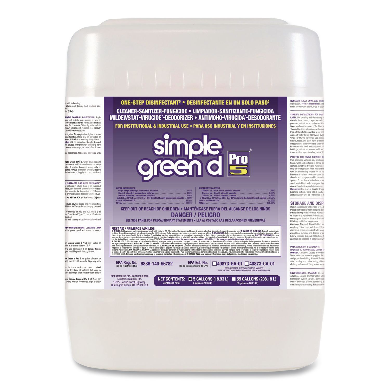 d Pro 5 Disinfectant, Unscented, 5 gal Pail