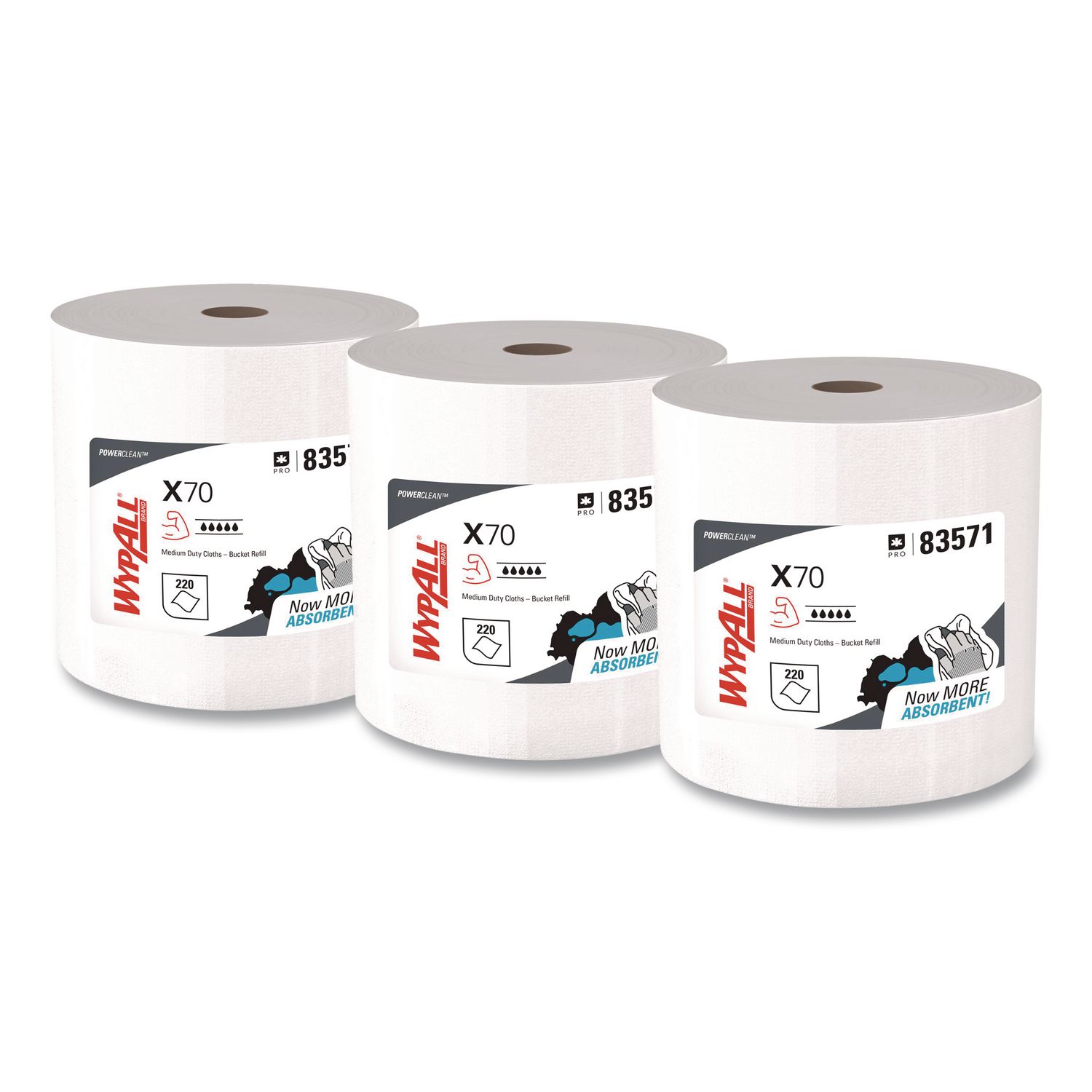 X70 Wipers in a Bucket Refills, No Bucket, 13 x 10, Unscented, White, 220/Rolls, 3 Rolls/Carton
