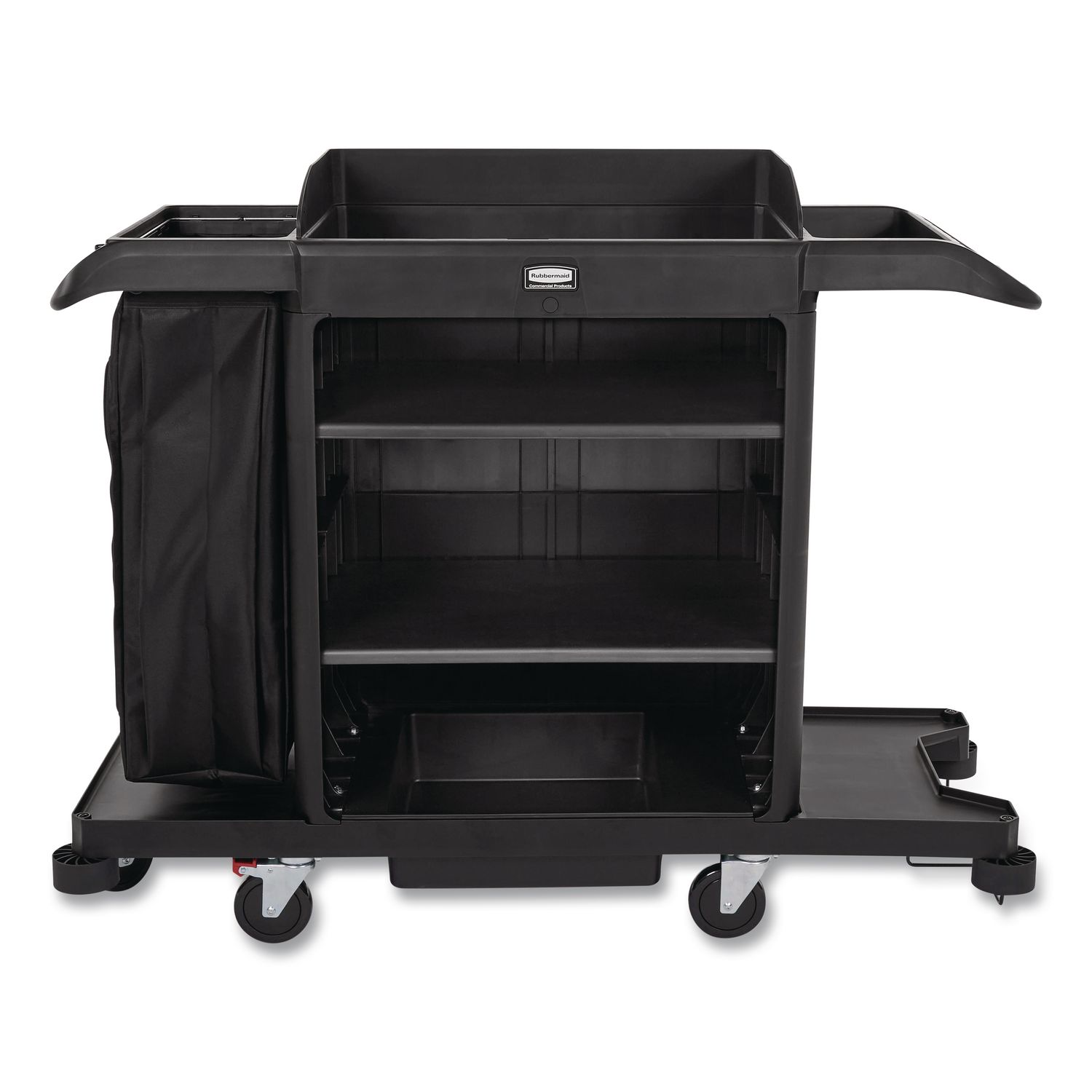 Full-Size Housekeeping Cart, Plastic, 3 Shelves, 1 Bin, 24.4 x 62.4 x 49, Black