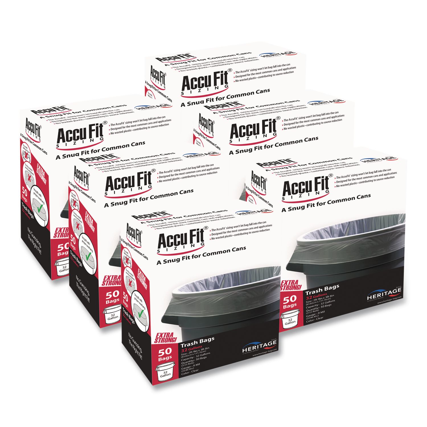 Linear Low Density Can Liners with AccuFit Sizing, 32 gal, 0.9 mil, 33" x 44", Clear, 50 Bags/Box, 6 Boxes/Carton