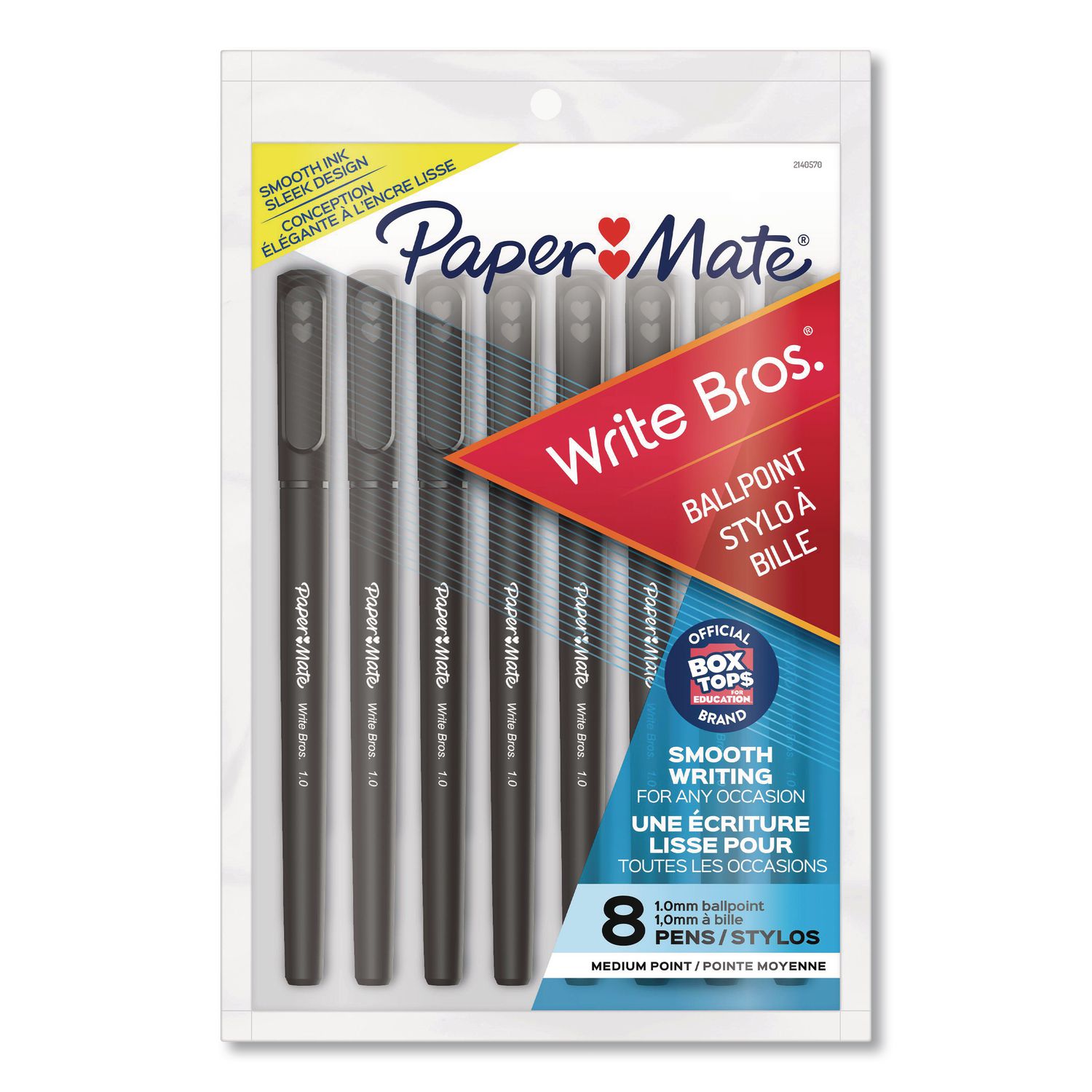 Write Bros. Ballpoint Pen, Stick, Medium 1 mm, Black Ink, Black Barrel, 8/Pack