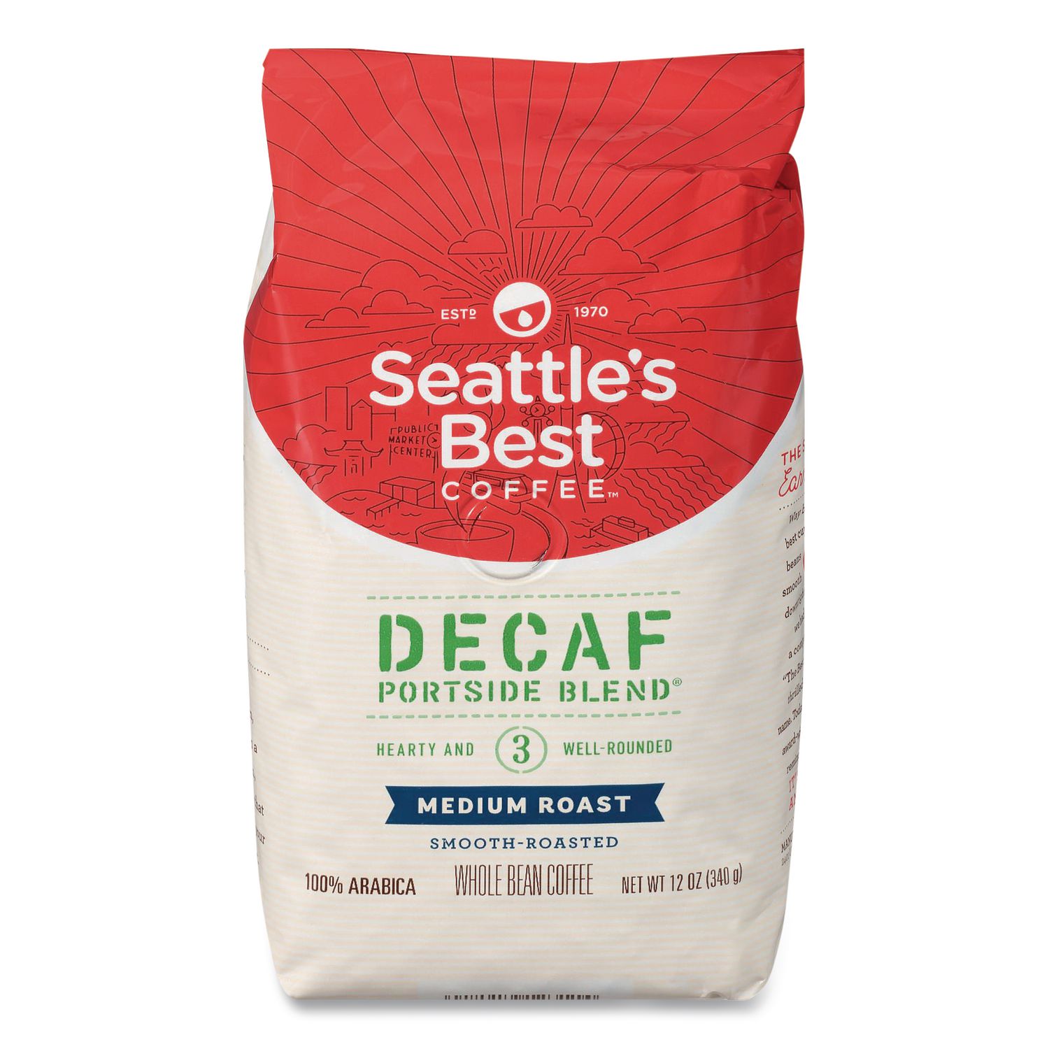 Port Side Blend Whole Bean Coffee, Decaffeinated Medium Roast, 12 oz Bag, 6/Carton