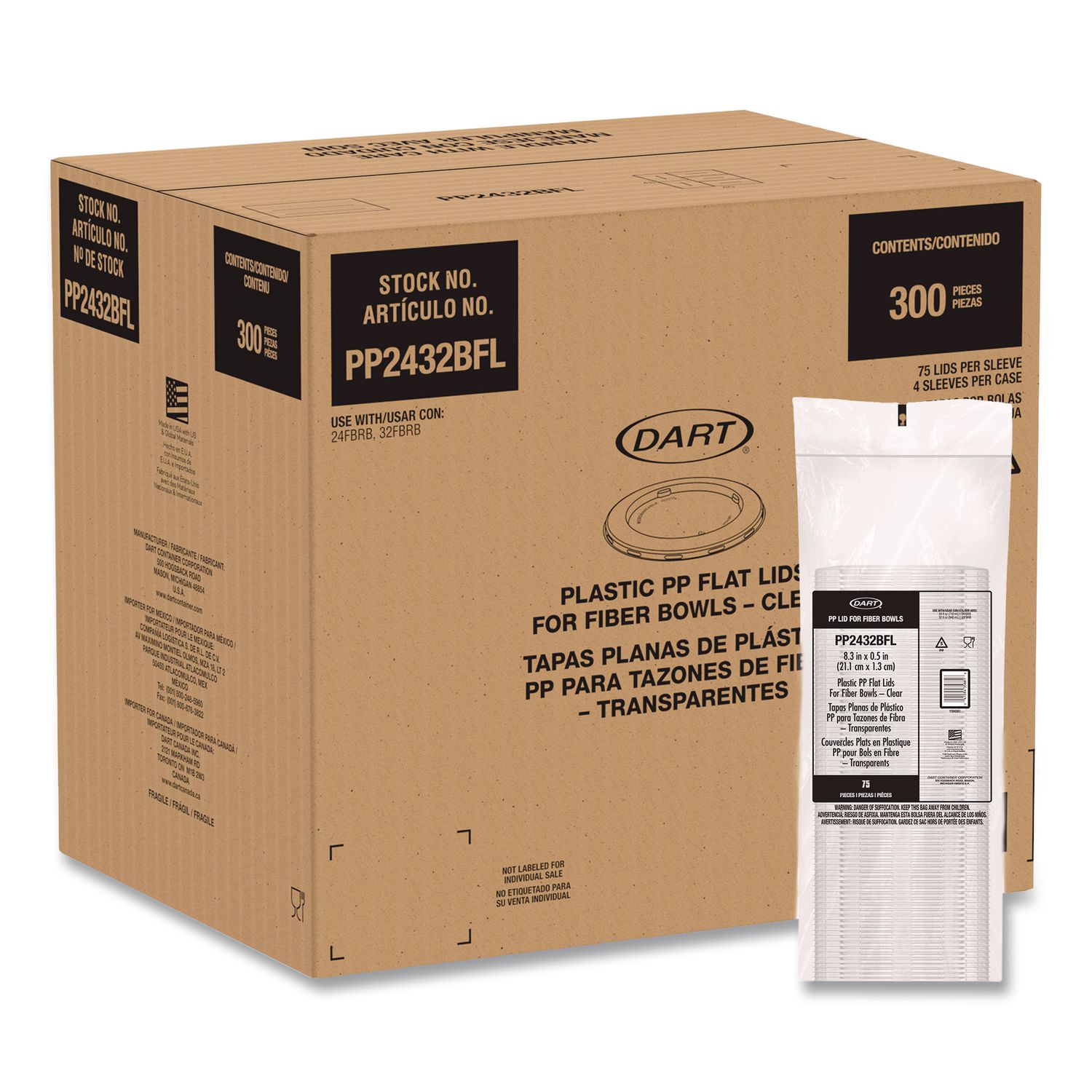 Plastic Lids for Compostable Fiber Containers, For 24 to 32 oz Containers, 8.28" Diameter x 0.51" h, Clear, 300/Carton