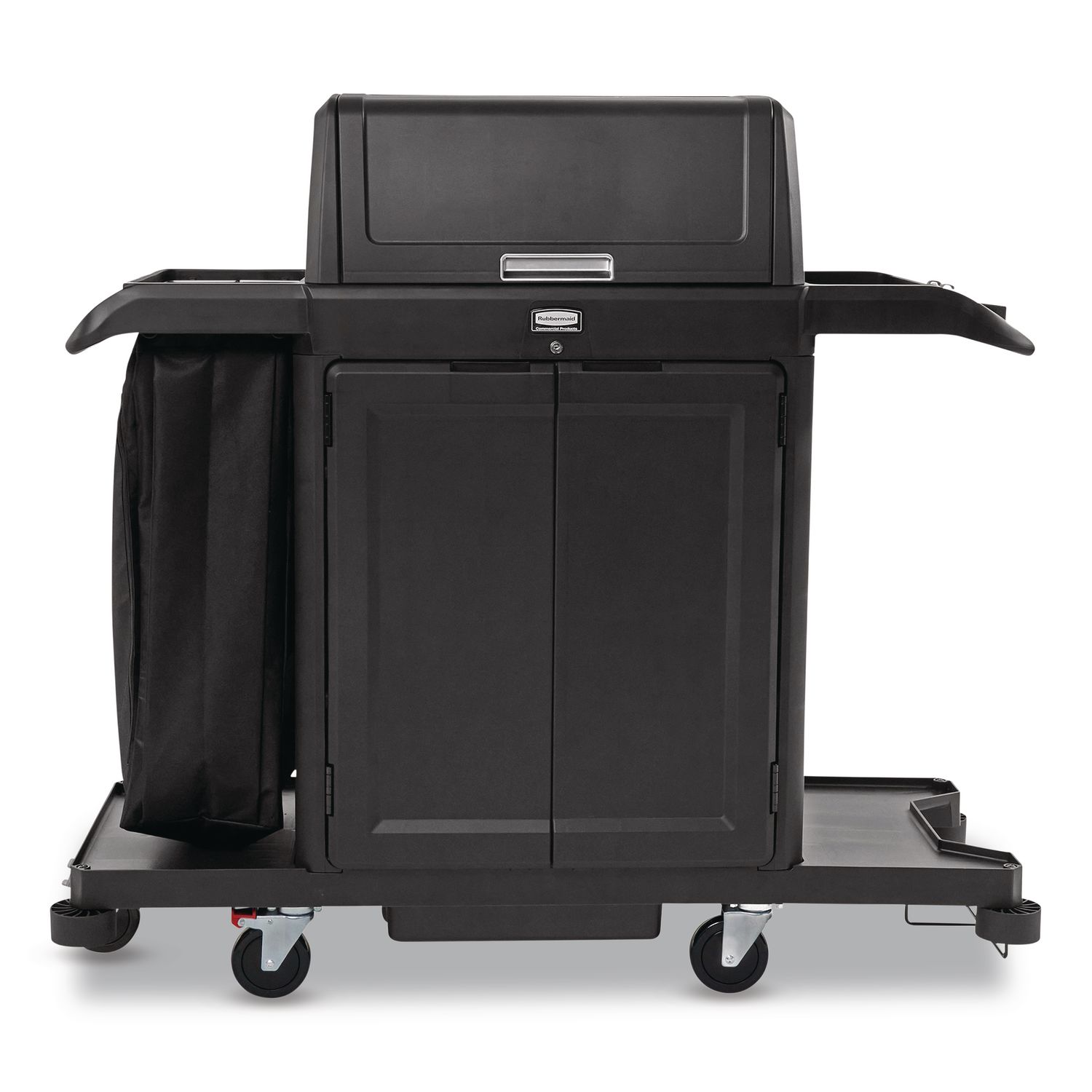 Housekeeping Cart with Hood and Doors, Plastic, 4 Shelves,1 Bin, 24.4 x 62.4 x 56.9, Black