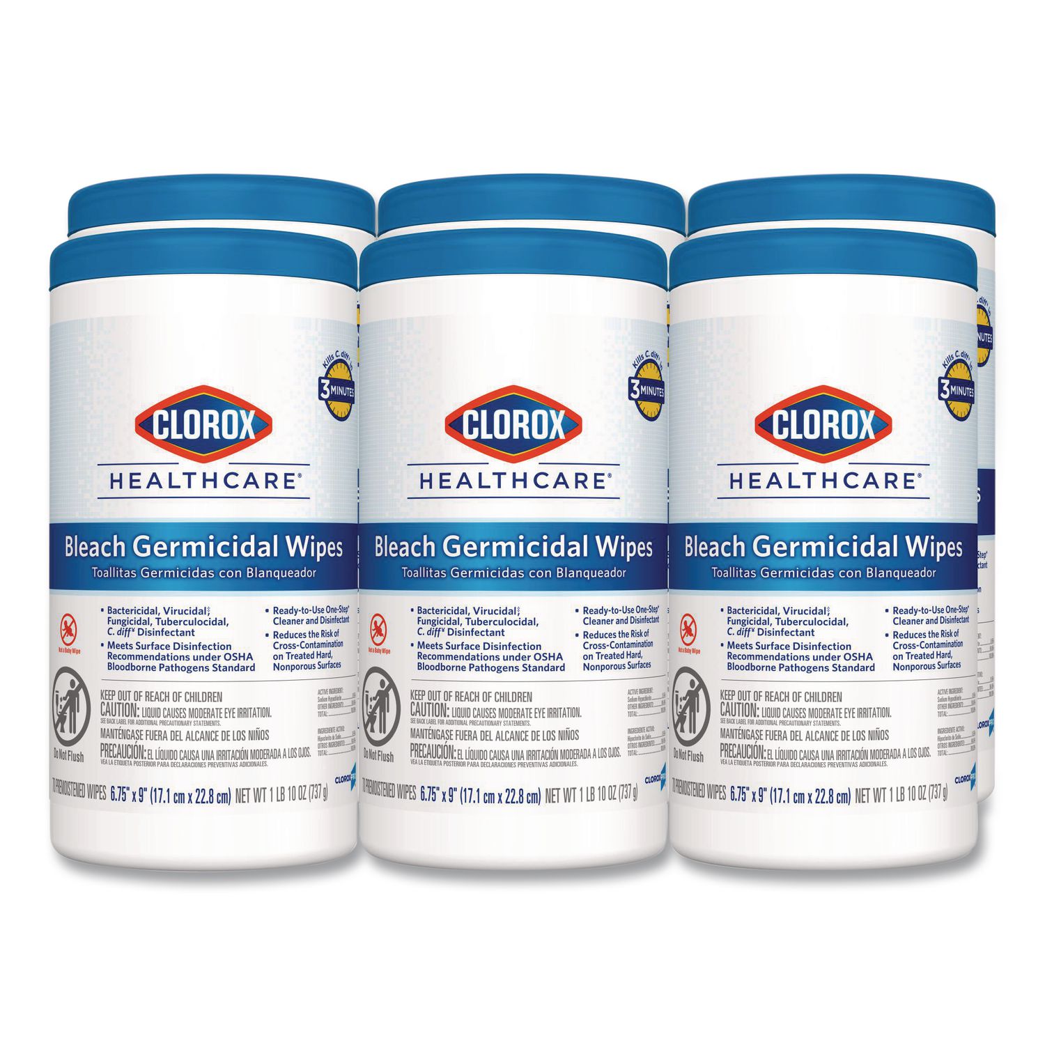 Bleach Germicidal Wipes, 1-Ply, 6.75 x 9, Unscented, White, 70/Canister, 6 Canisters/Carton