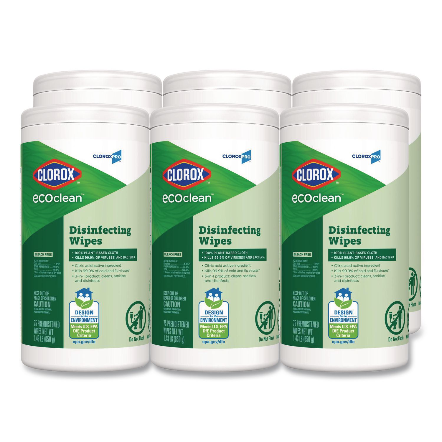 CloroxPro EcoClean Disinfecting Wipes, 1-Ply, 8 x 7, Unscented, White, 75 Count, 6/Carton