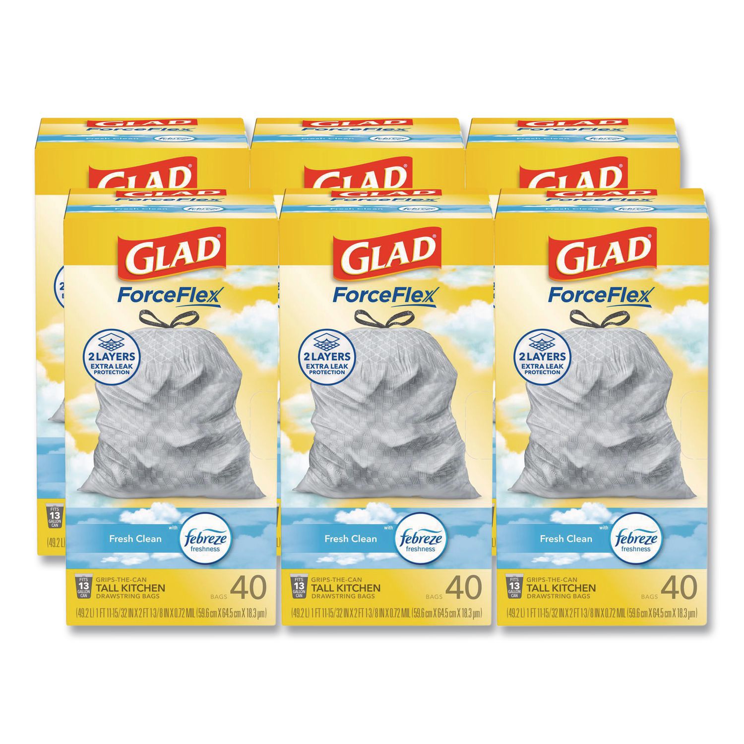 ForceFlex Kitchen Drawstring Trash Bags, 13 gal, Gain Fresh Clean Scent, 24 x 27.38, White, 40 Bags/Box, 6 Boxes/Carton