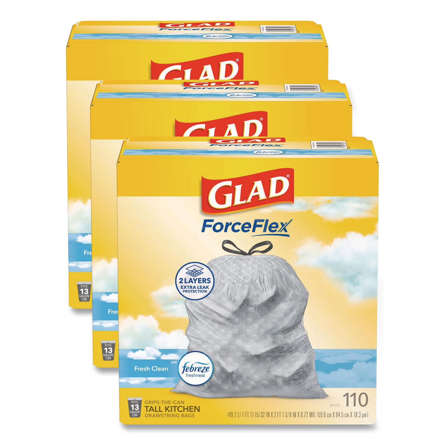 ForceFlex Tall Kitchen Drawstring Trash Bags, Drawstring, 13 gal, Fresh Clean Scent, 10.19 x 9.81, Gray, 110/Roll, 3/Carton