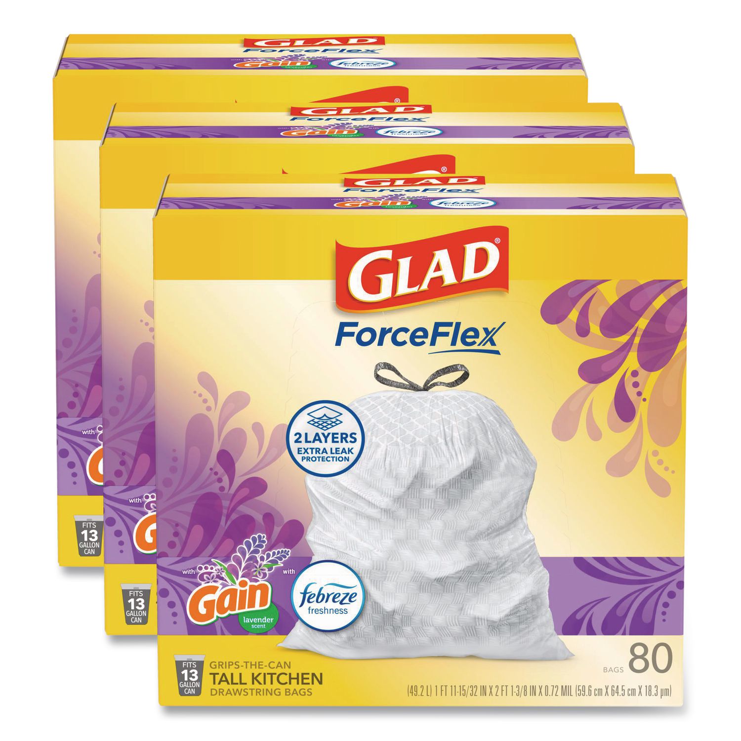 ForceFlex Kitchen Drawstring Trash Bags, 13 gal, Gain Lavender Scent, 24 x 27.38, White, 80 Bags/Box, 3 Boxes/Carton