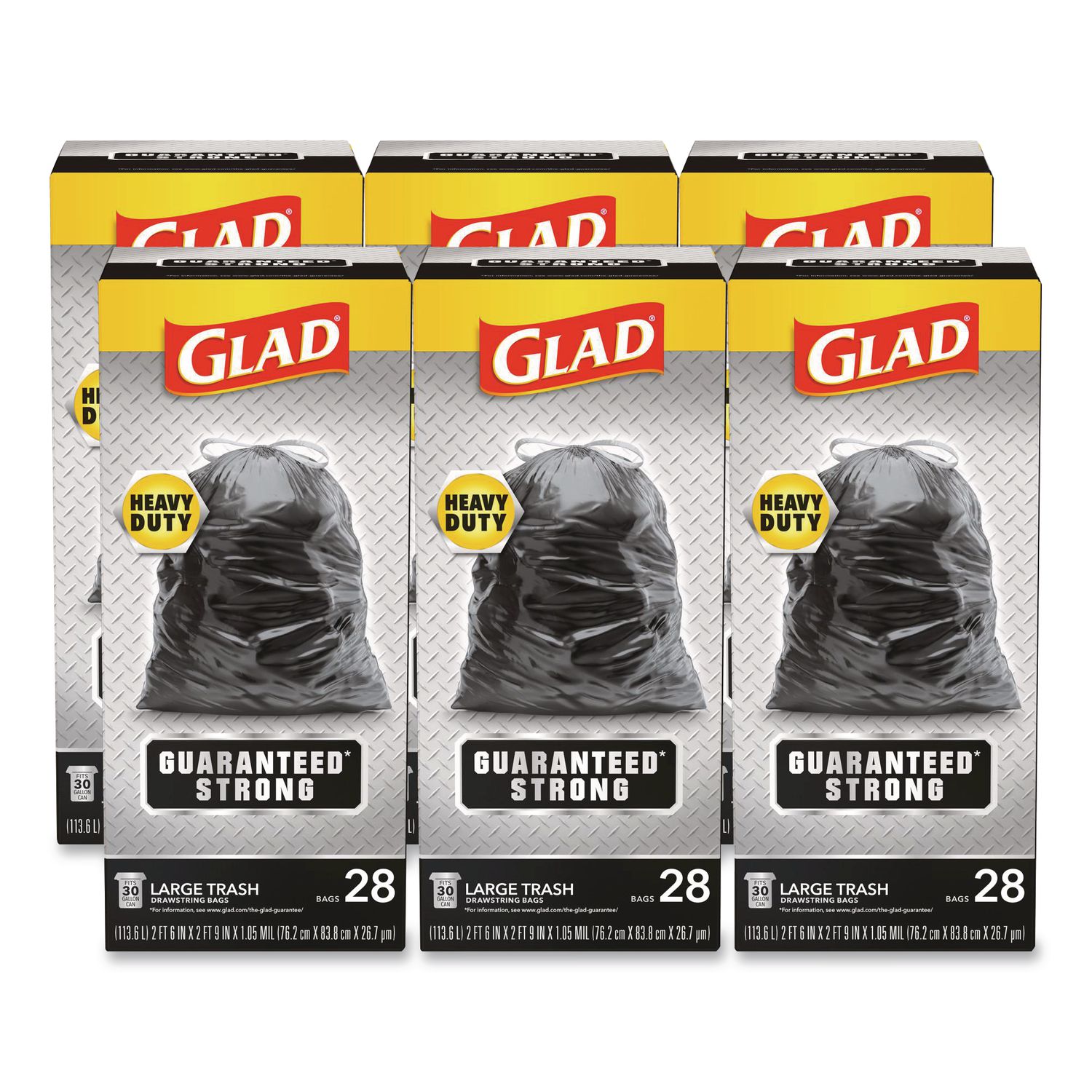 Guaranteed Strong Large Drawstring Trash Bags, Three-Ply, 30 gal, 1.05 mil, 30 x 33, Black, 28 Bags/Box, 6 Boxes/Carton