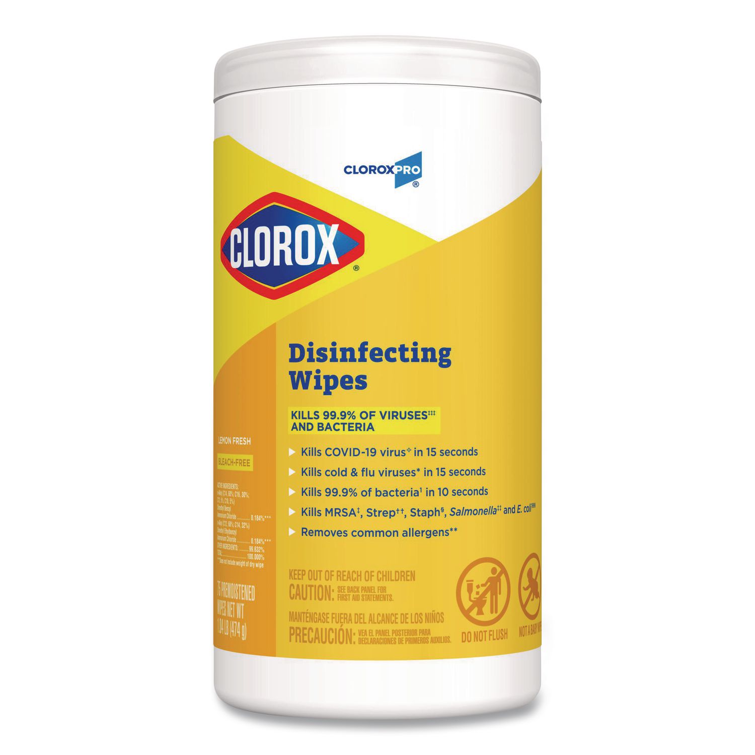CloroxPro Disinfecting Wipes, 1-Ply, 7 x 8, Lemon Fresh, White, 75/Canister