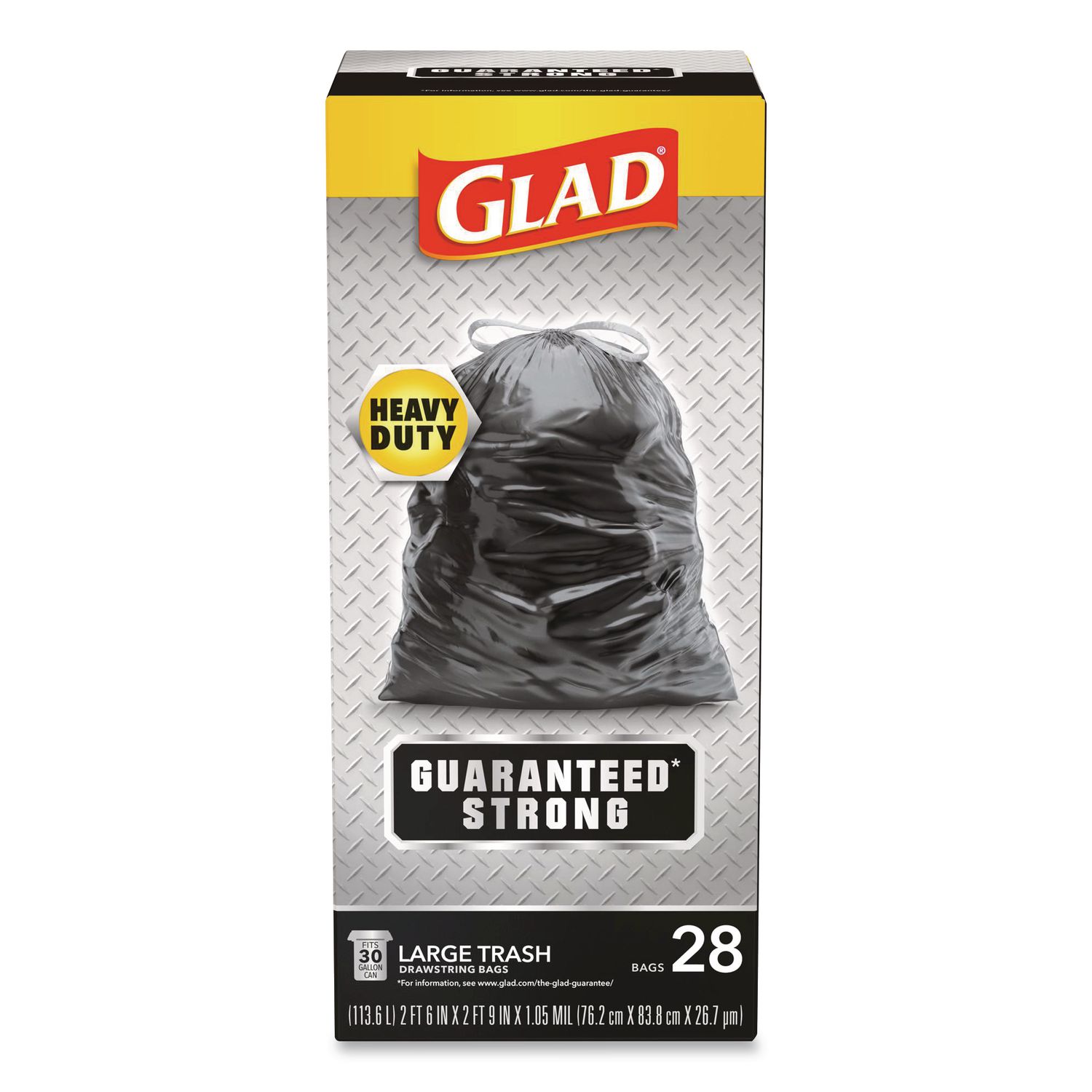 Guaranteed Strong Large Drawstring Trash Bags, Three-Ply, 30 gal, 1.05 mil, 30 x 33, Black, 28/Box